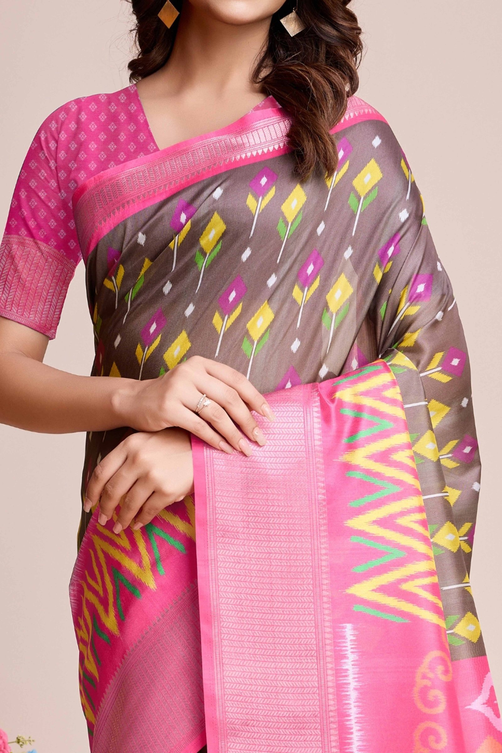 Brown Patola Printed Dola Silk Saree - Image 2