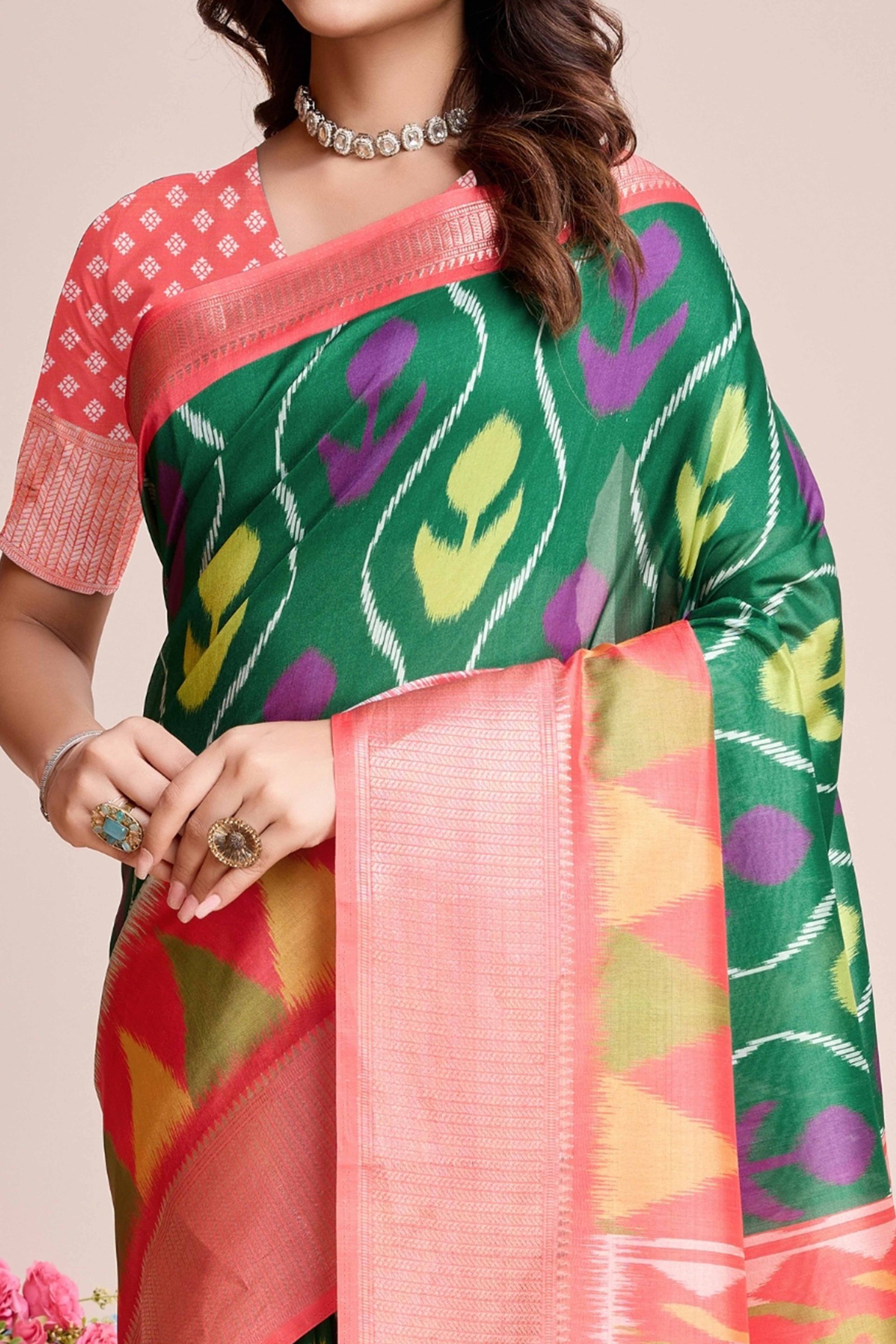 Green Patola Printed Dola Silk Saree - Image 2