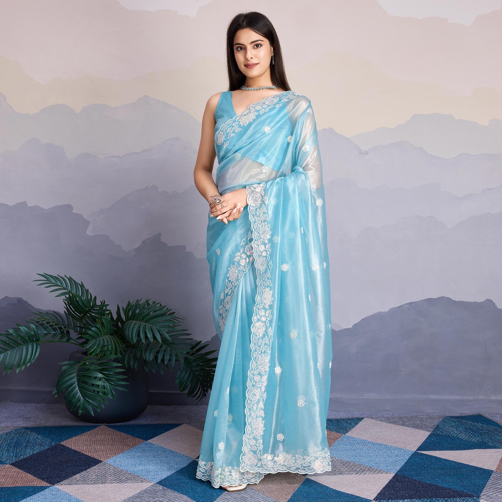 Blue Floral Sequins Embroidered Twill Net Saree - Image 2