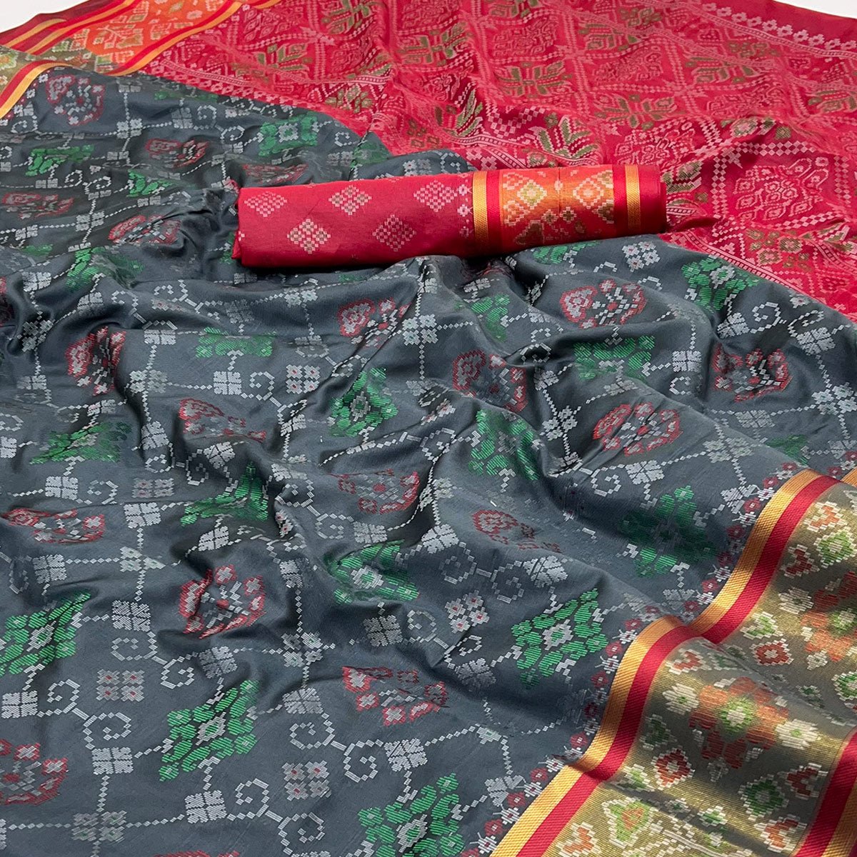 Grey Woven Art Silk Patola Saree - Image 2