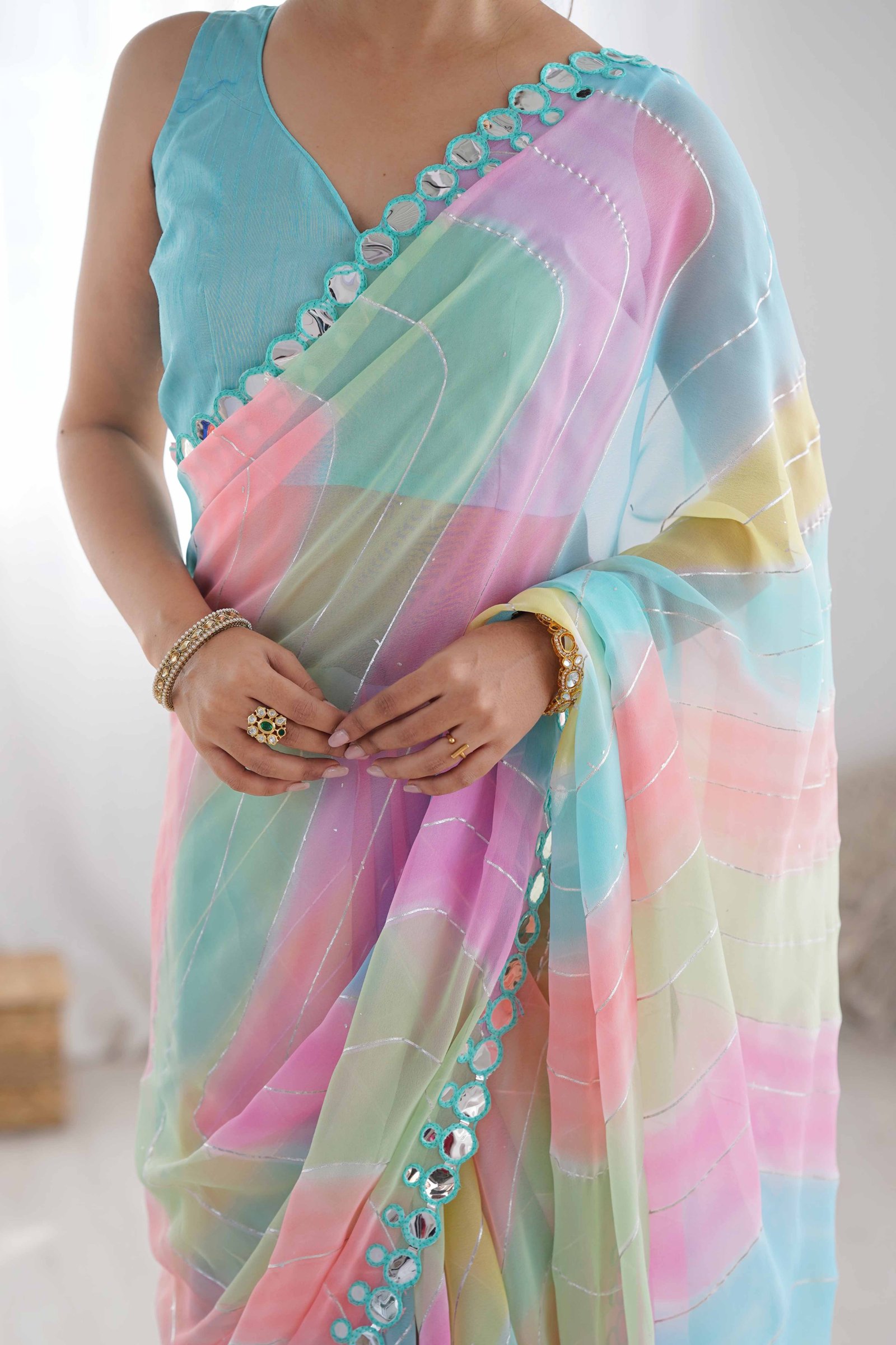 Multicolor Mirror Work Embroidered Georgette Saree - Image 2