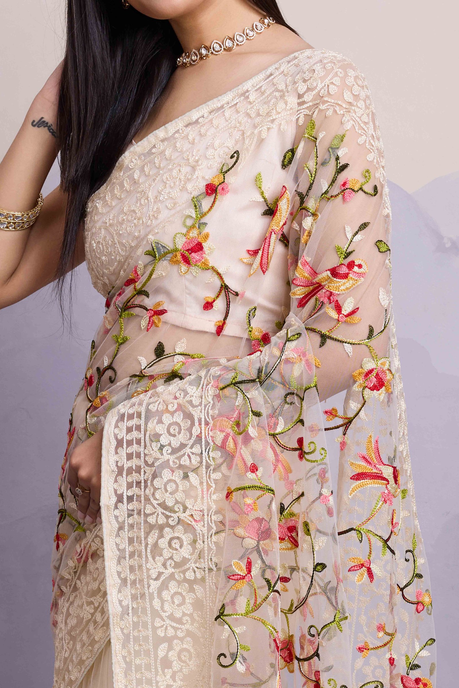 Off White Floral Embroidered Net Saree - Image 2