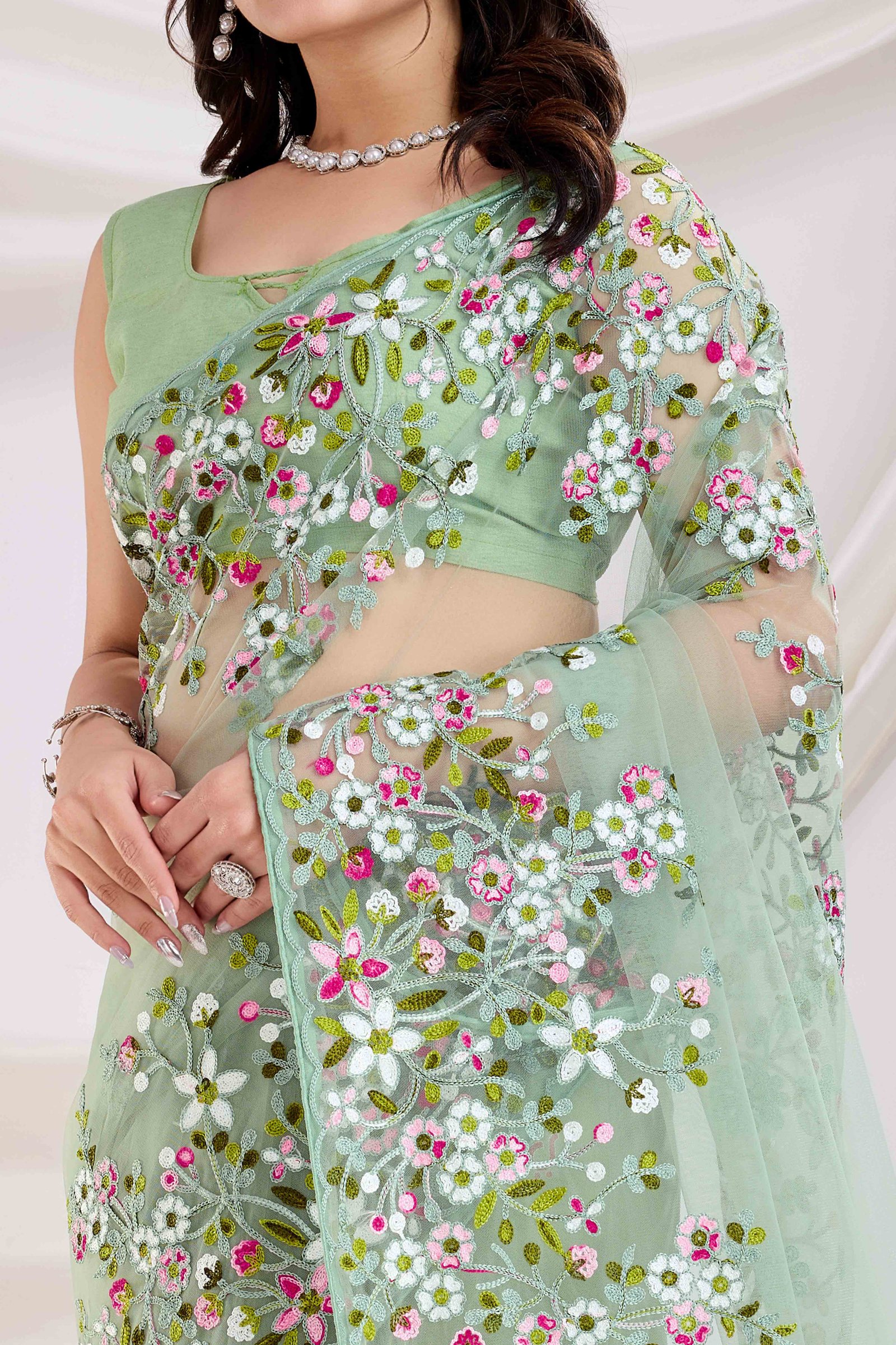Green Floral Embroidered Net Saree - Image 2