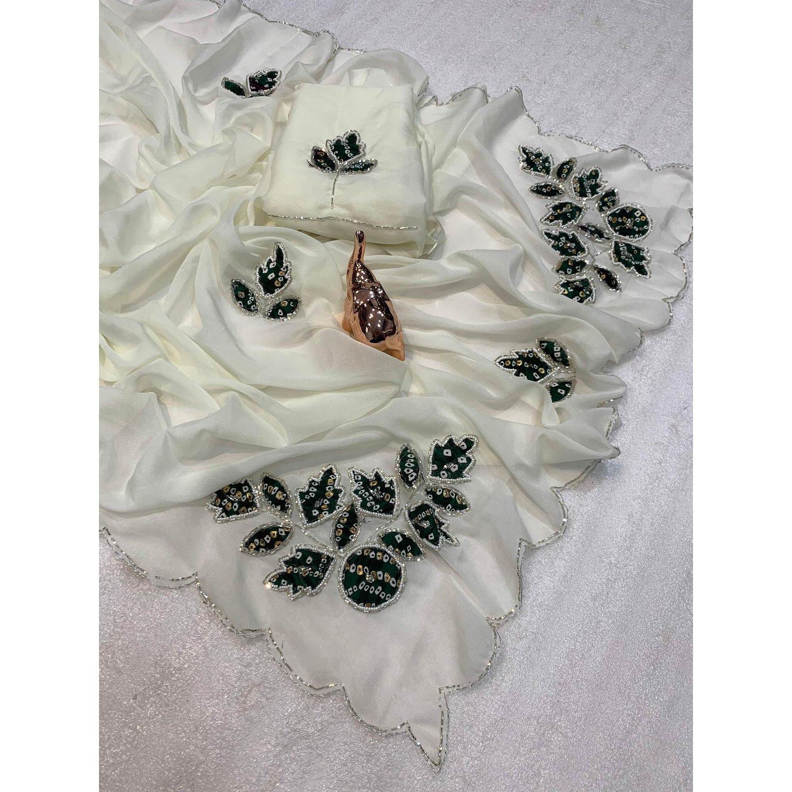 White & Green Partywear Georgette Saree with Delicate Stone & Bead Work - Image 3