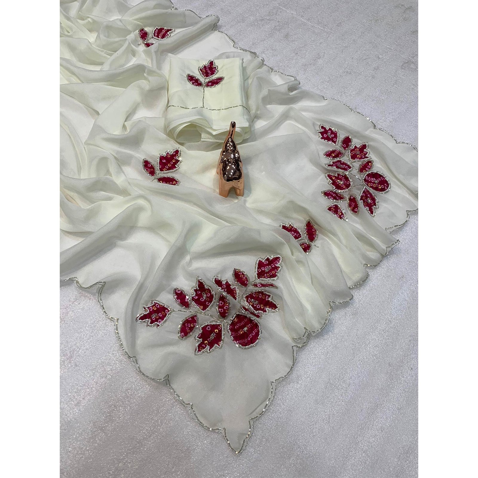 White & Pink Partywear Georgette Saree with Delicate Stone & Bead Work - Image 3