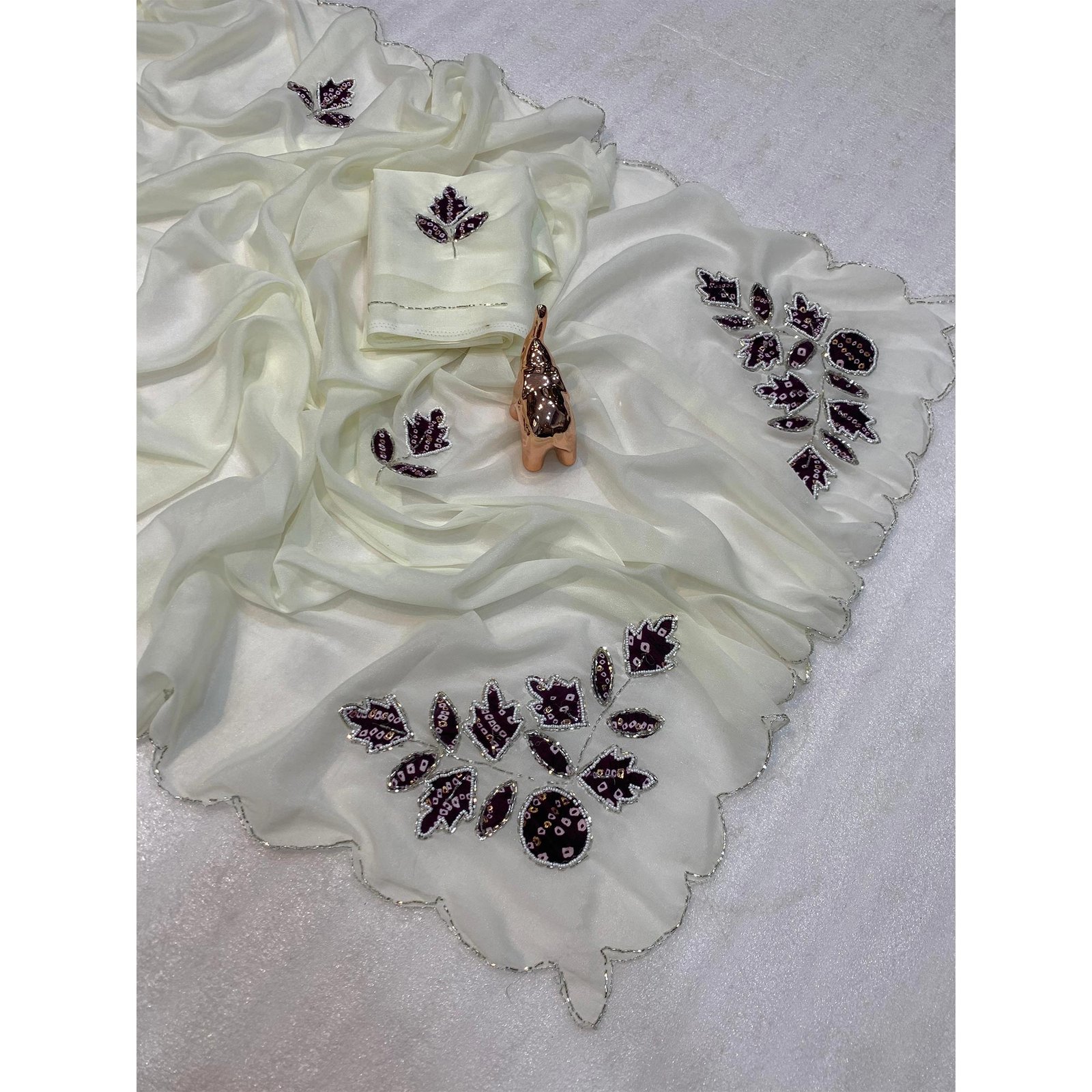 White & Wine Partywear Georgette Saree with Delicate Stone & Bead Work - Image 3