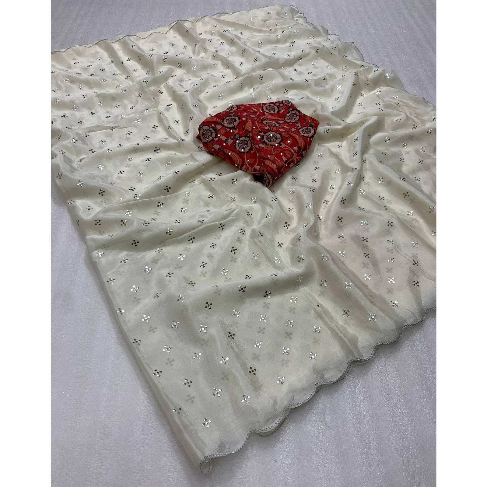 Offwhite Mukaish Work Chinon Saree - Image 3