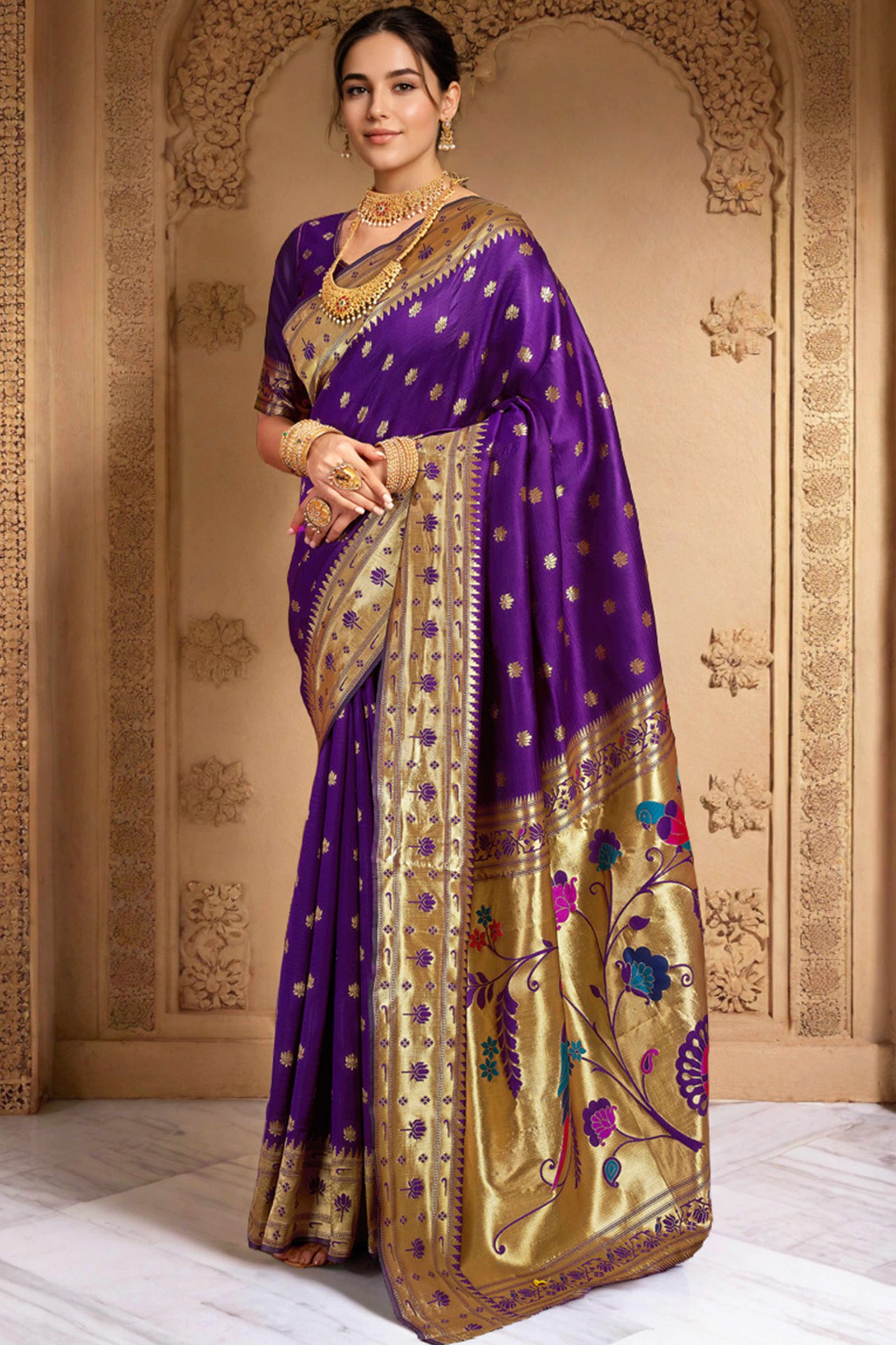 Purple Weaving Silk Blend Paithani Saree With Floral & Parrot Motif Pallu - Image 3