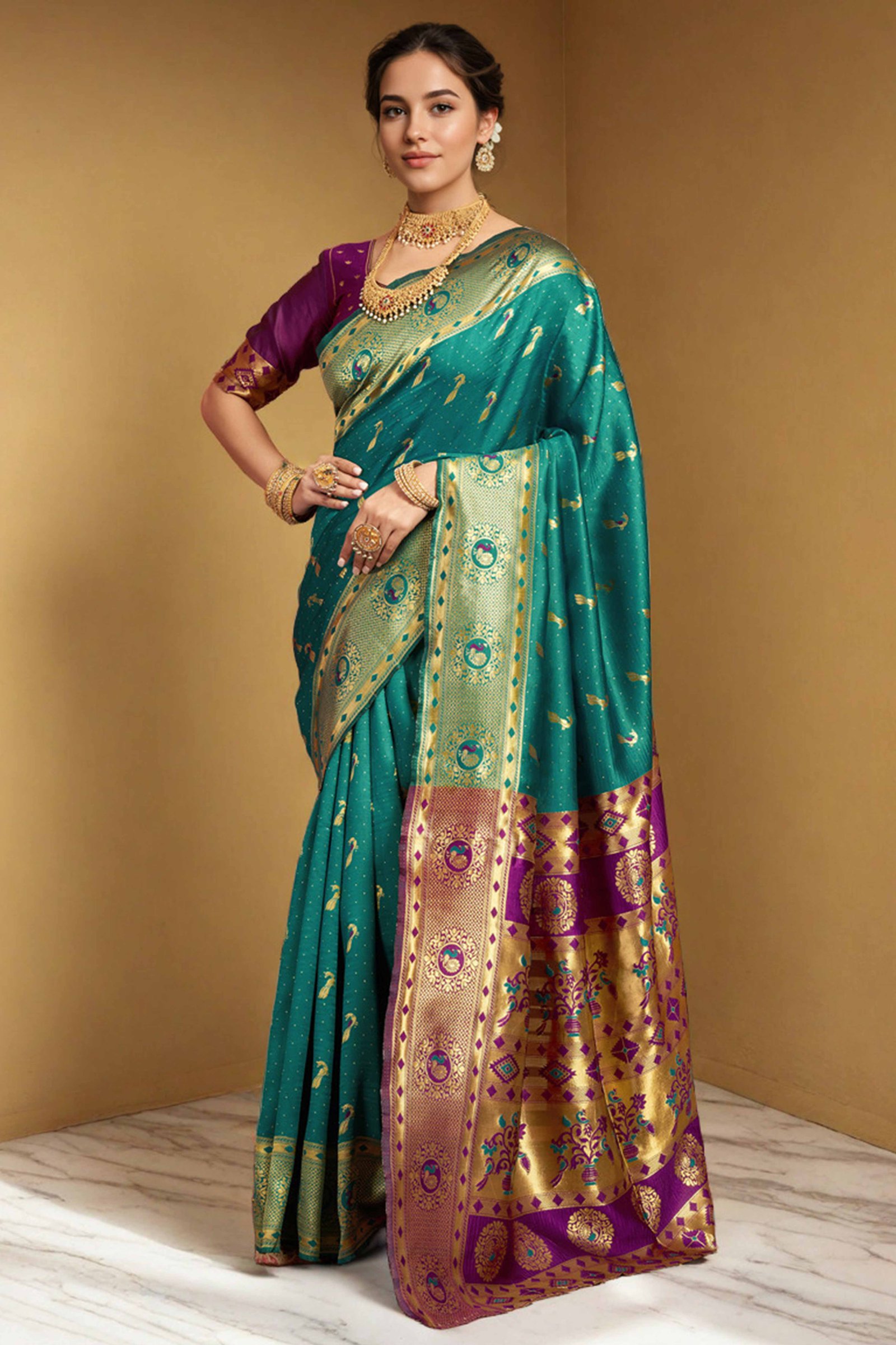 Rama Green Paithani Silk Blend Saree Featuring Intricate Zari Peacock & Floral Weaving - Image 3