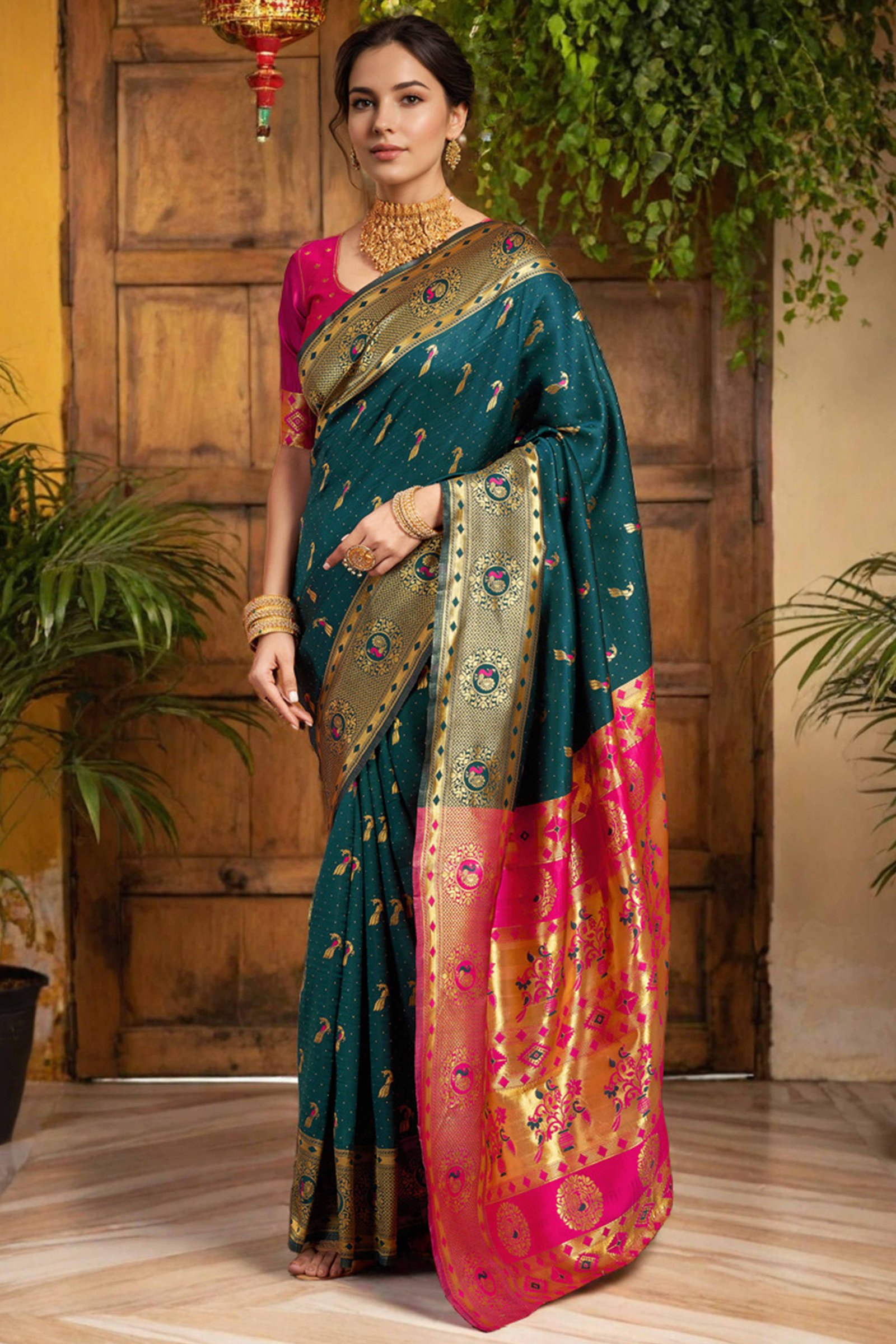 Teal Paithani Silk Blend Saree Featuring Intricate Zari Peacock & Floral Weaving - Image 3