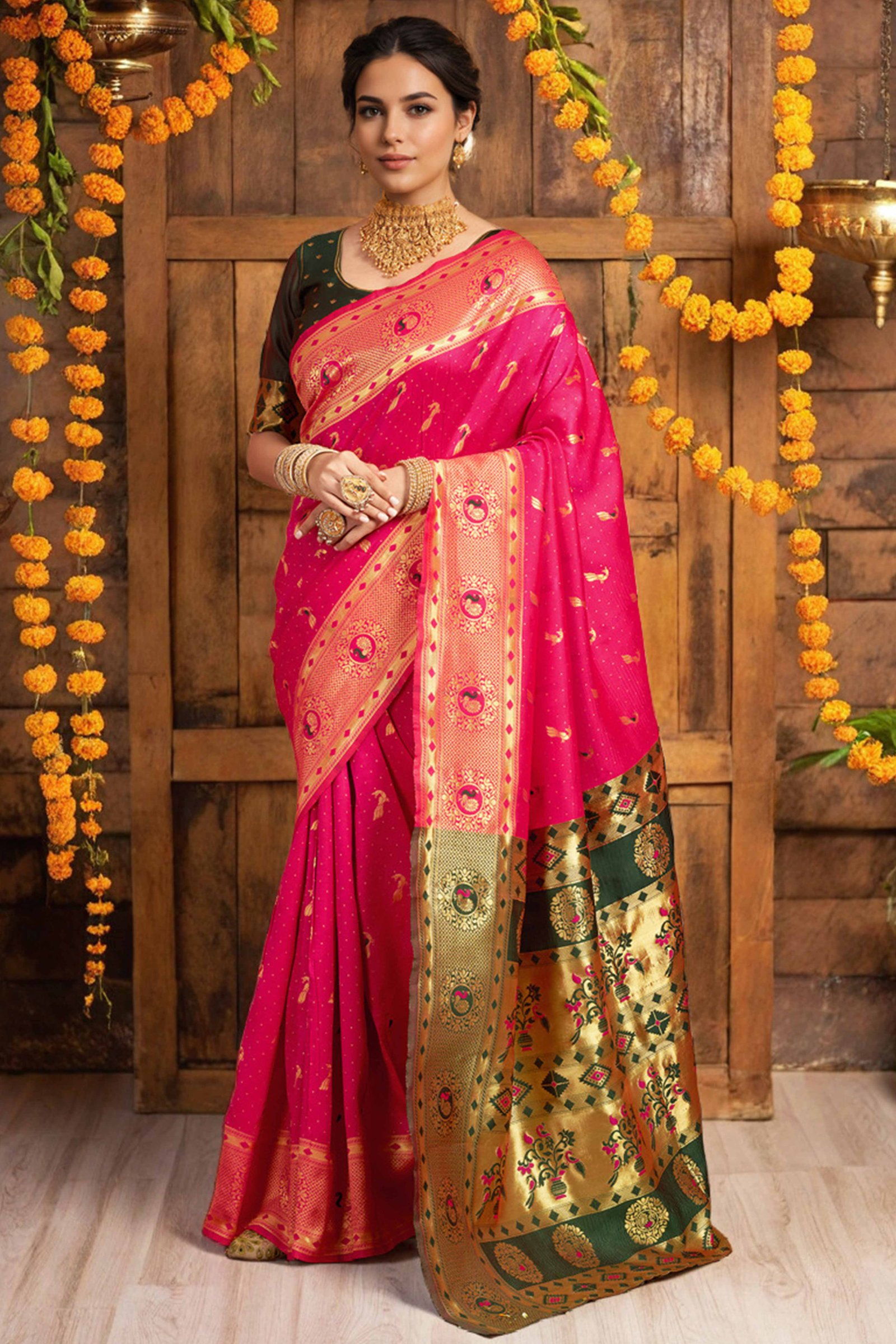 Pink Paithani Silk Blend Saree Featuring Intricate Zari Peacock & Floral Weaving - Image 3