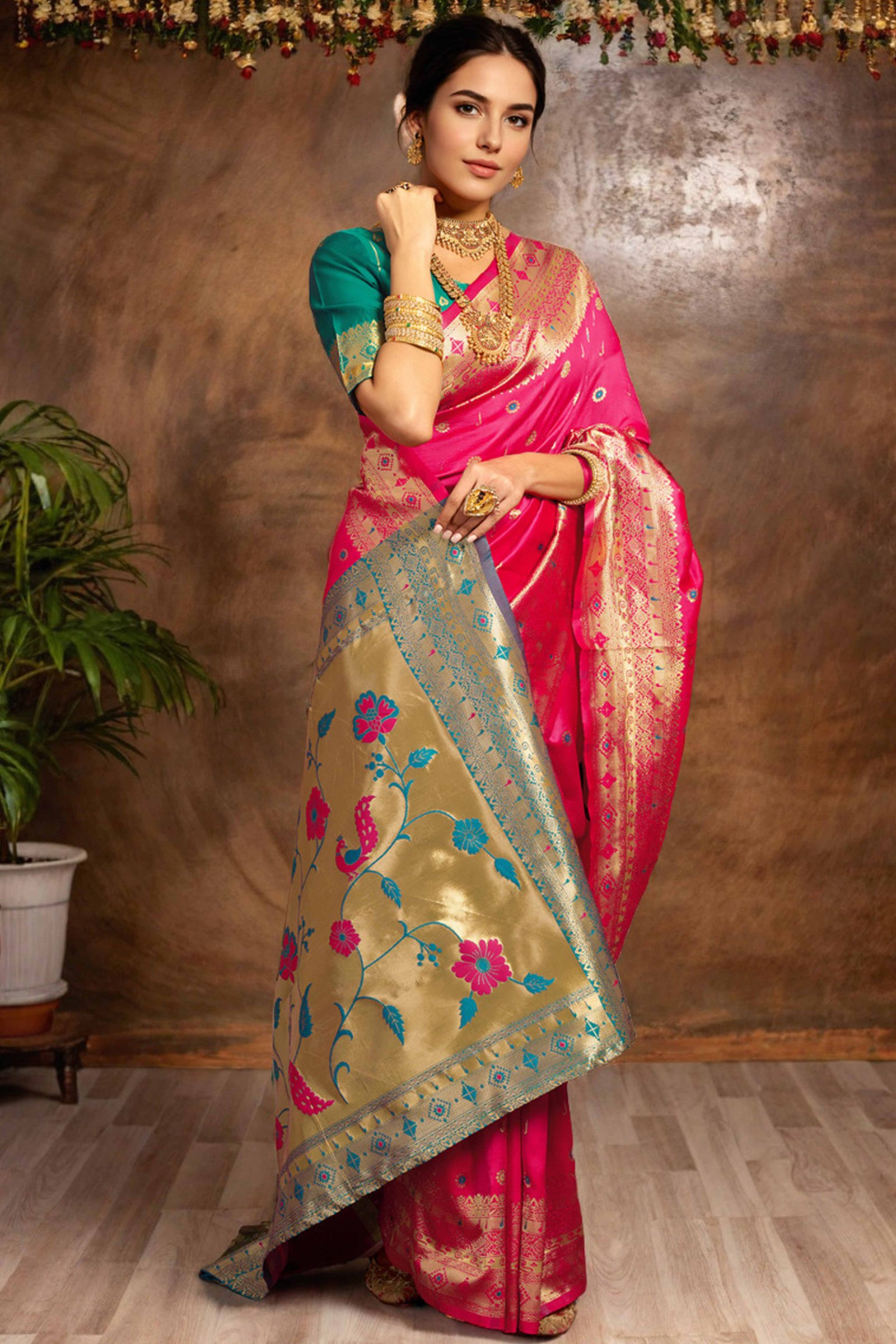 Pink Silk Blend Saree With Traditional Paithani Zari Weaving Of Peacock & Floral Designs - Image 3