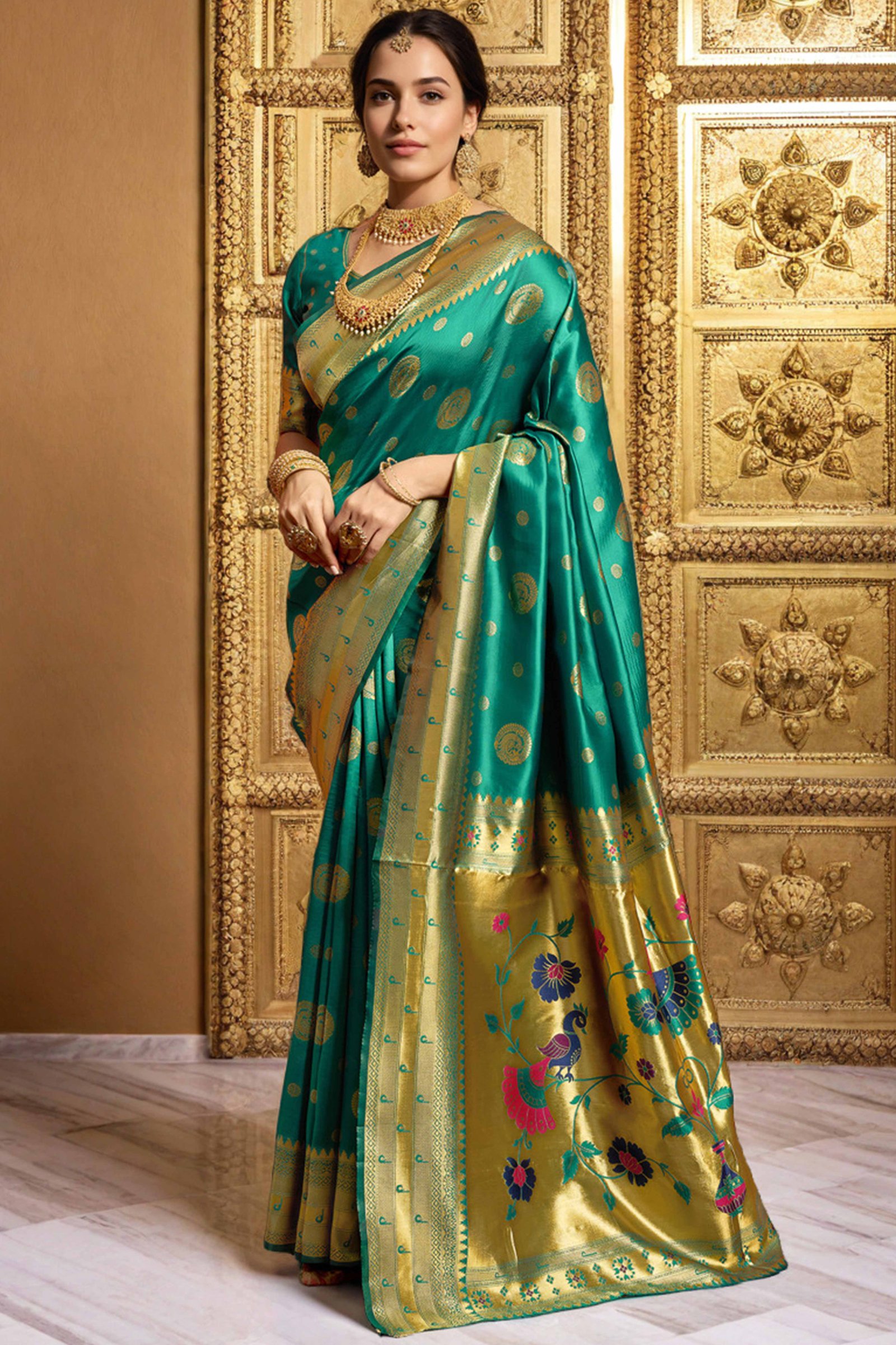 Rama Green Paithani Silk Blend Saree Embellished With Zari Peacock & Floral Woven Patterns - Image 3