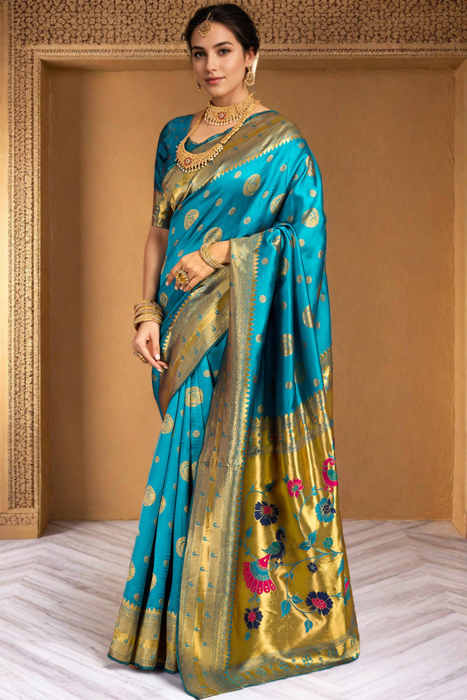 Blue Paithani Silk Blend Saree Embellished With Zari Peacock & Floral Woven Patterns - Image 3