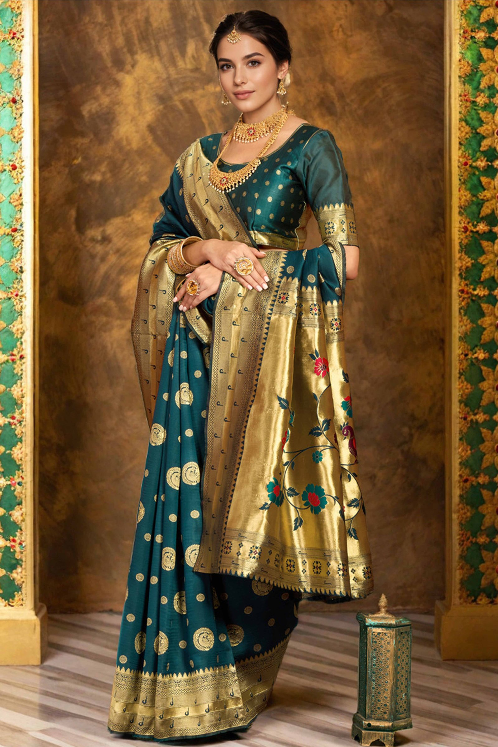 Teal Paithani Silk Blend Saree Embellished With Zari Peacock & Floral Woven Patterns - Image 3