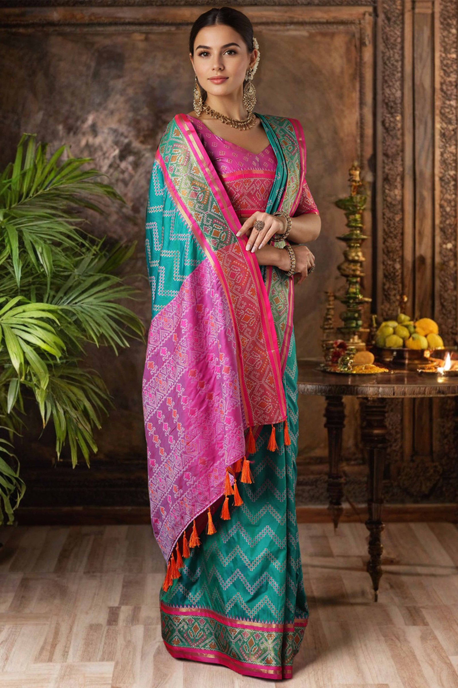 Rama Blue Silk Blend Saree With Traditional Zig Zag Patola Weaving & Tassel Pallu - Image 3