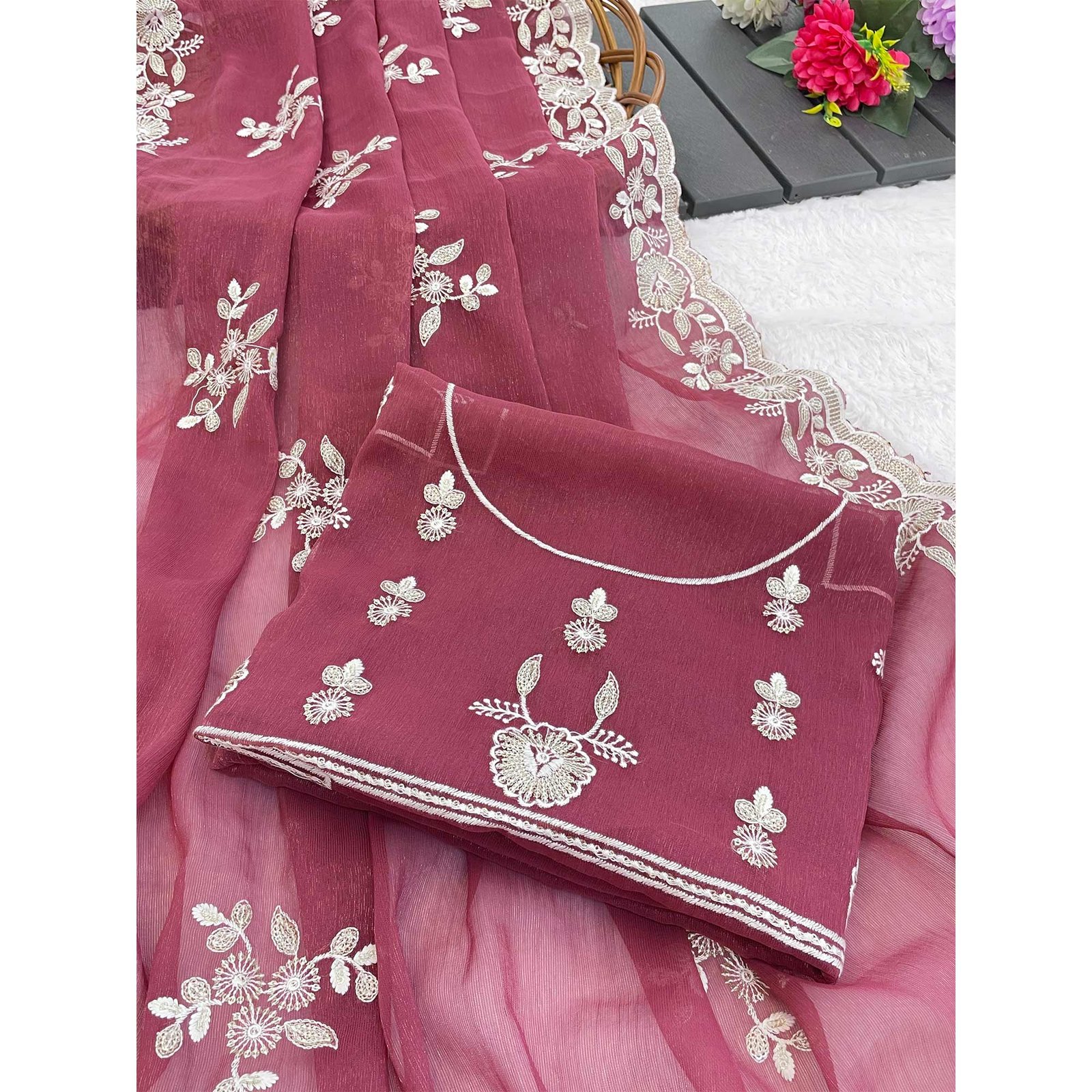 Pink Shimmer Silk Saree with Graceful Floral Embroidery - Image 3