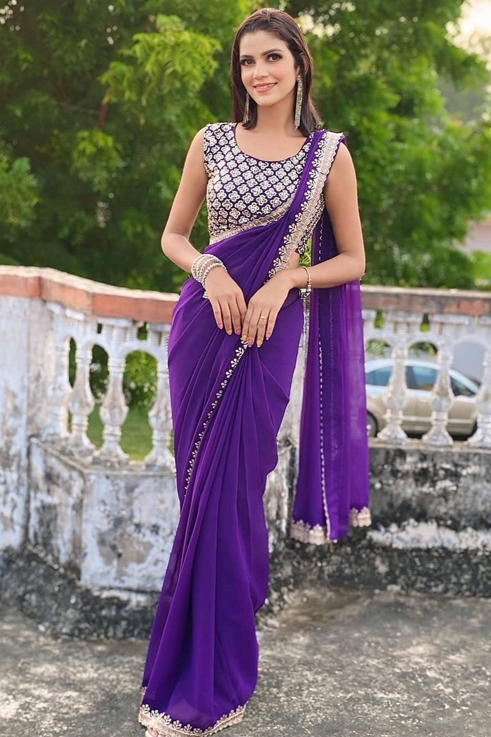 Violet Georgette Saree with Sleek Solid Finish and Embroidered Edging - Image 2