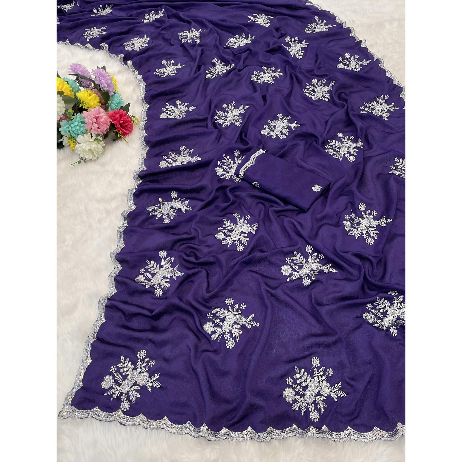Royal Purple Chinon Saree Adorned With Zari Floral Embroidery & Gleaming Sequins Work - Image 3