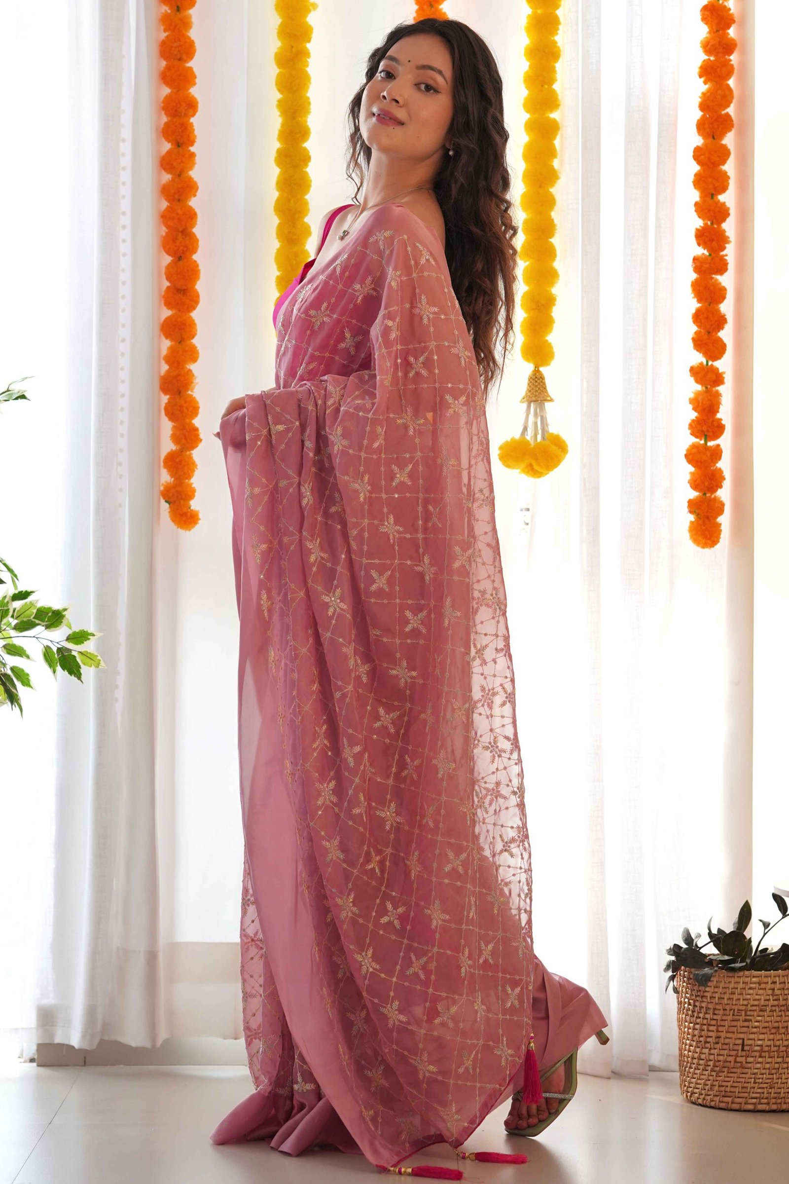 Designer Mauve Georgette Saree with Elaborate Heavy Thread Work - Image 3