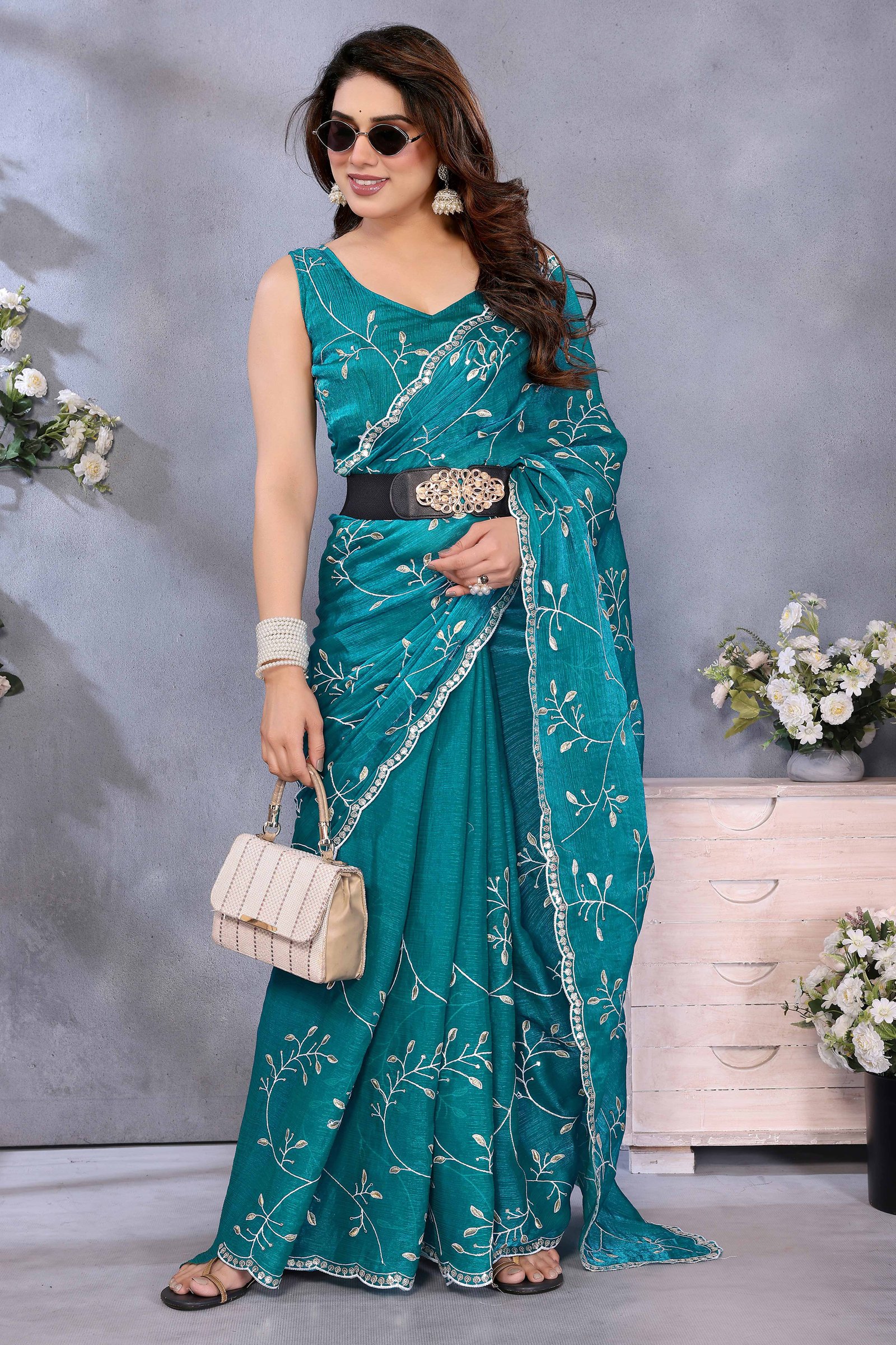 Teal Jimmy Choo Chiffon Saree Adorned with Delicate Floral Sequins Embroidery - Image 3