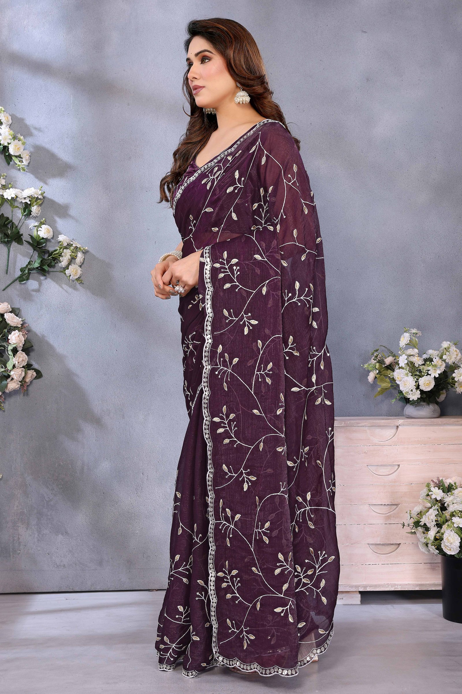 Wine Jimmy Choo Chiffon Saree Adorned with Delicate Floral Sequins Embroidery - Image 3