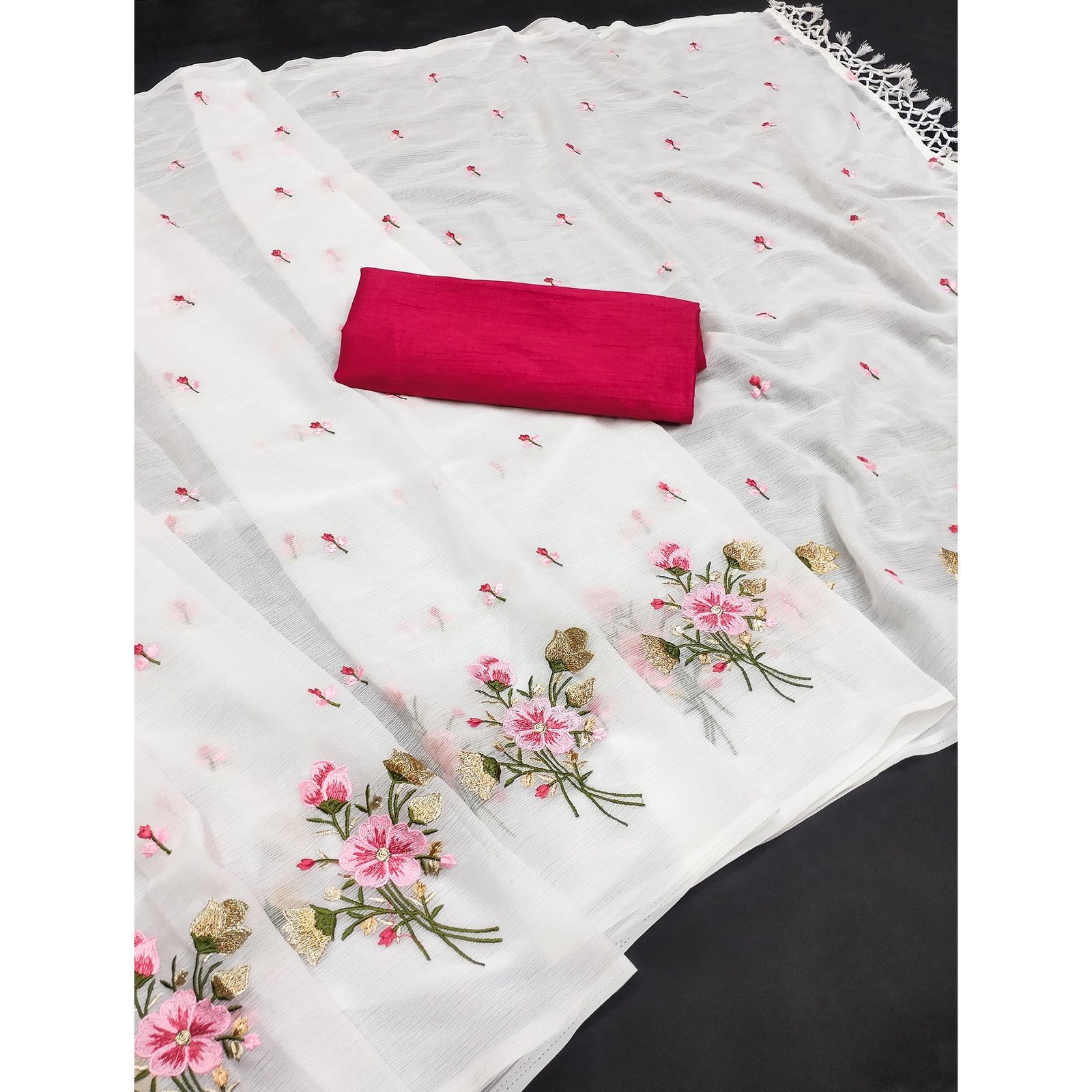 White Floral Embroidered Art Silk Saree - Image 3