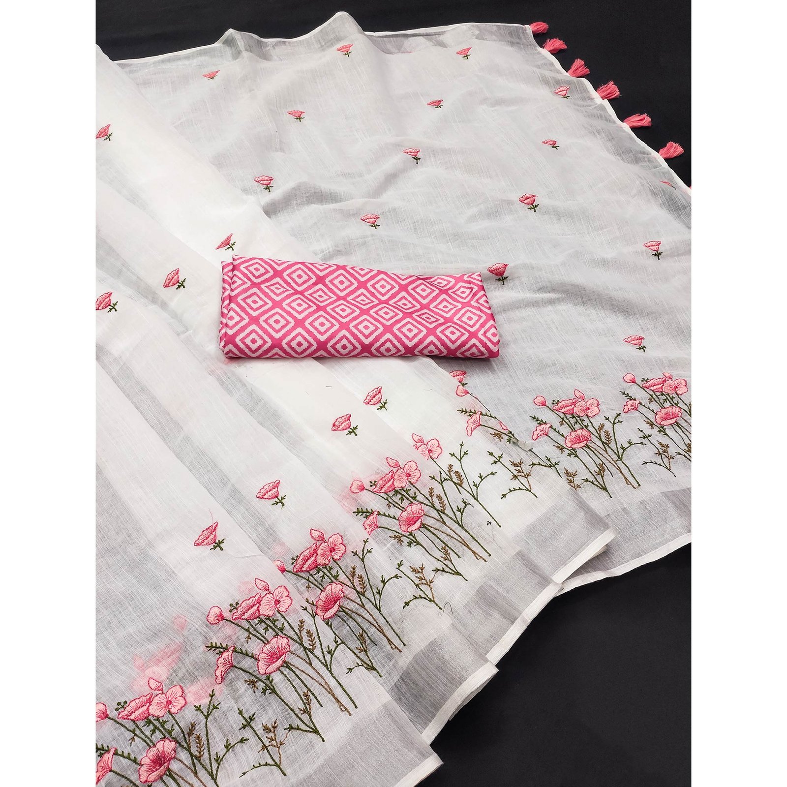 White Pure Linen Saree with Floral Embroidery and Tassel Detailing - Image 3