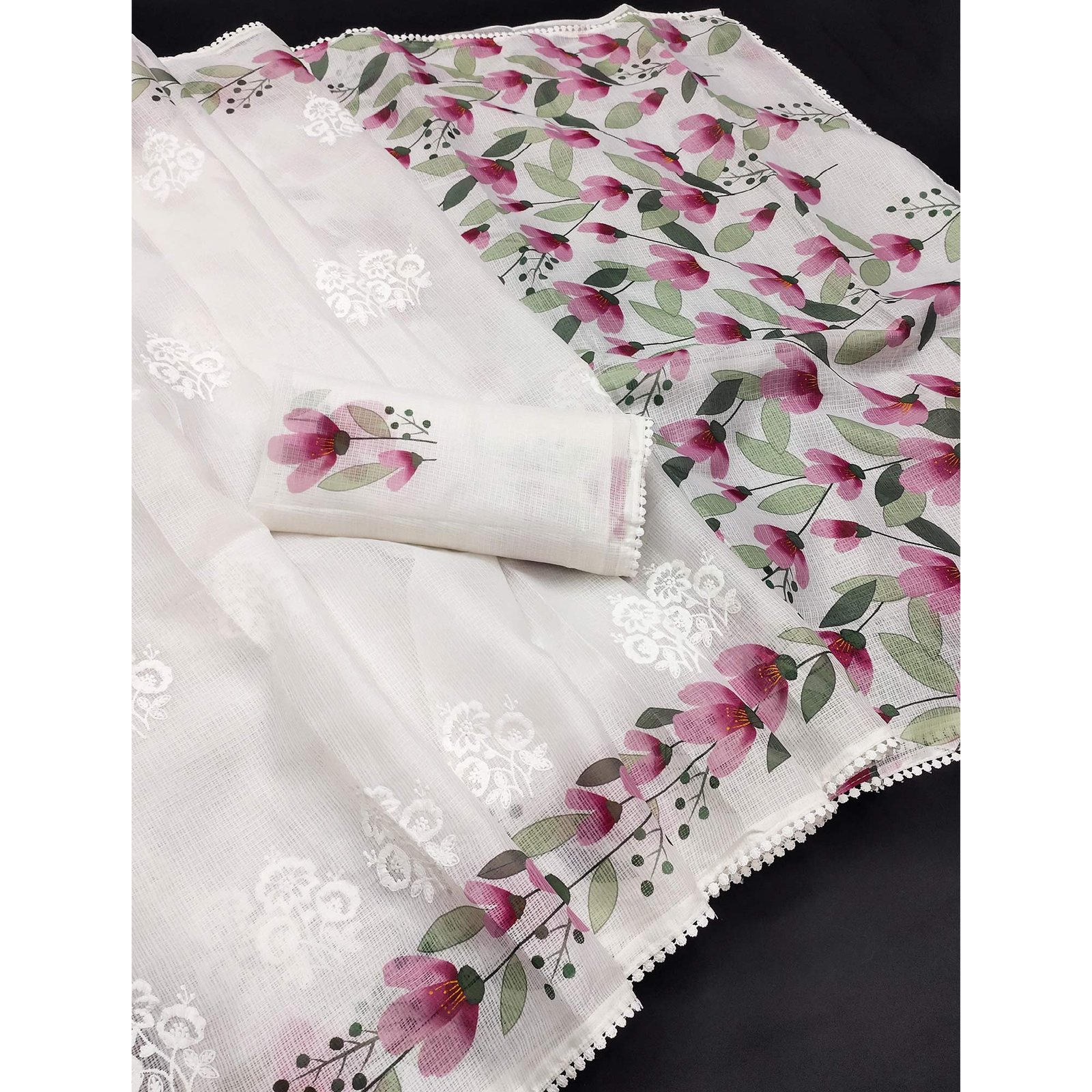 White Saree in Sheer Kota Doria Fabric with Floral Patterns and Intricate Embroidery - Image 3