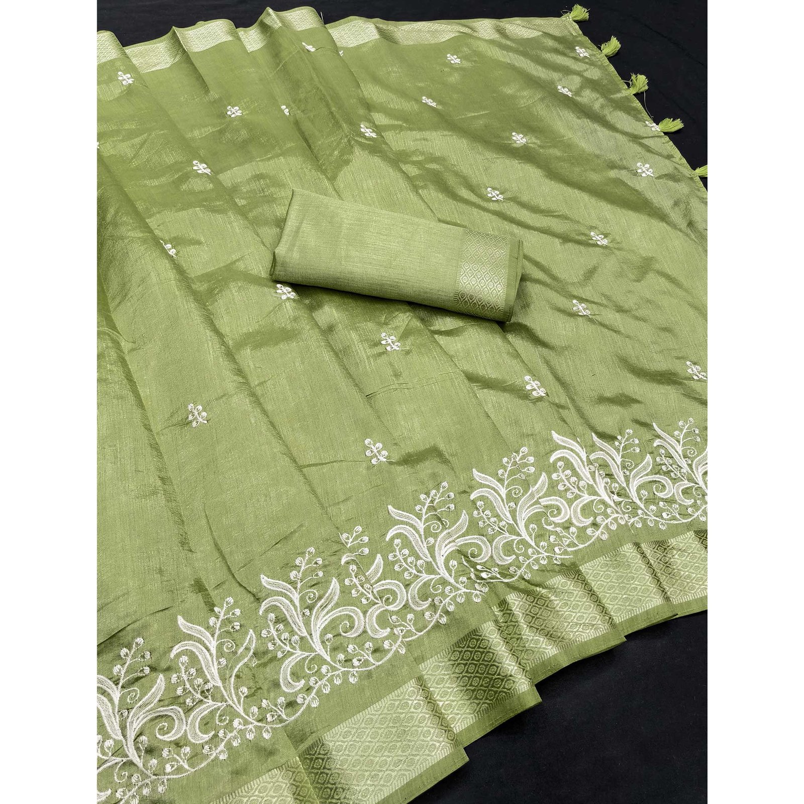 Green Art Silk Saree Adorned With Delicate Floral Embroidery & Stylish Tassel Pallu - Image 3