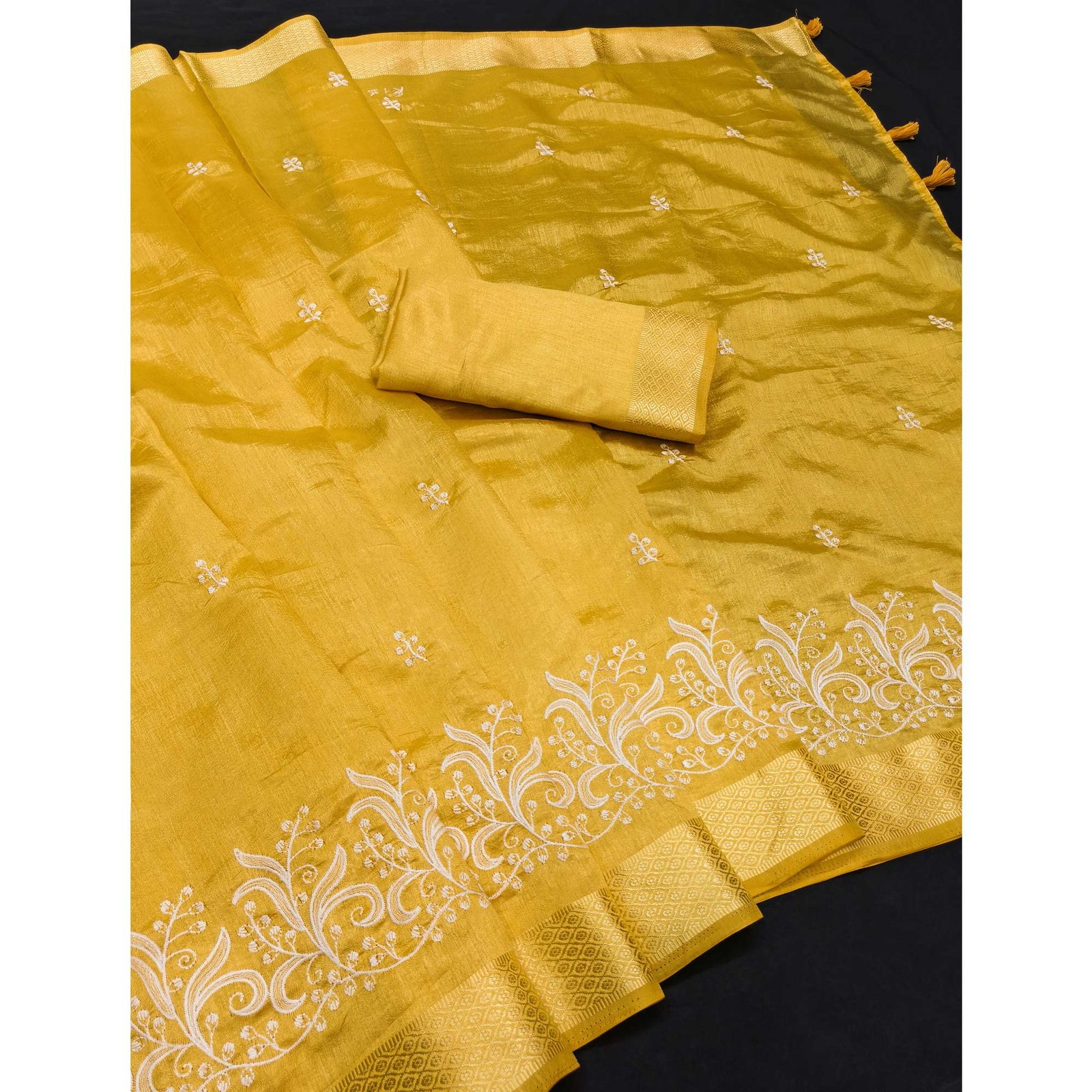 Mustard Art Silk Saree Adorned With Delicate Floral Embroidery & Stylish Tassel Pallu - Image 3