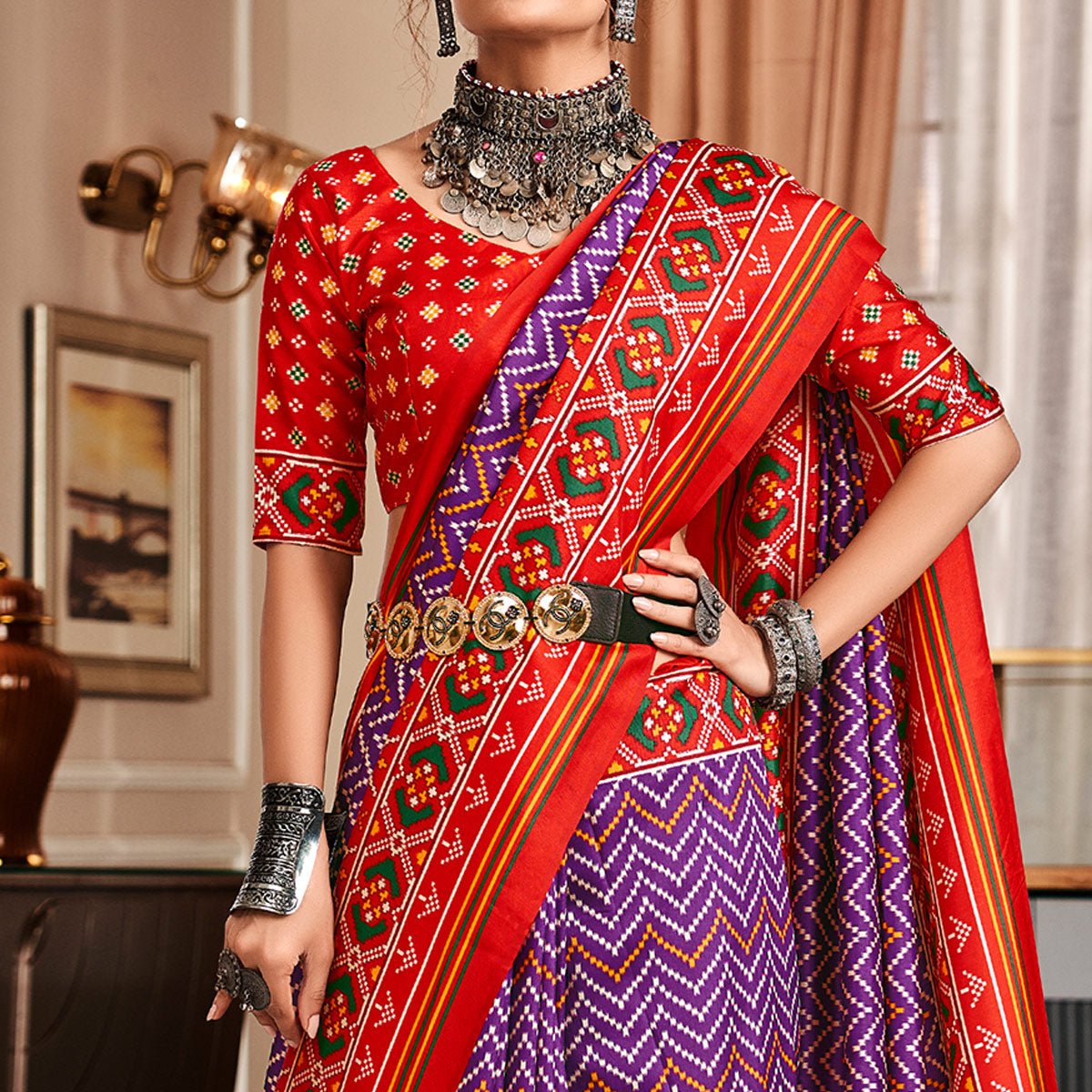 Purple & Red Patola Printed Tussar Silk Saree - Image 3