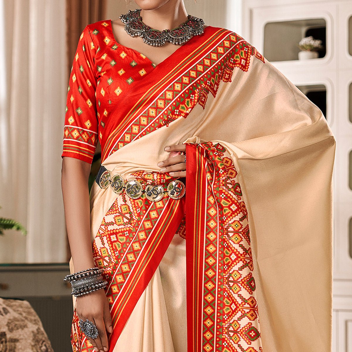 Cream & Red Patola Printed Tussar Silk Saree - Image 3