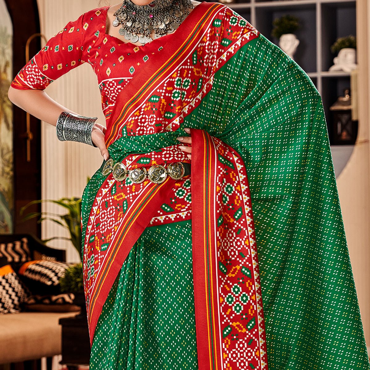 Green & Red Patola Printed Tussar Silk Saree - Image 3