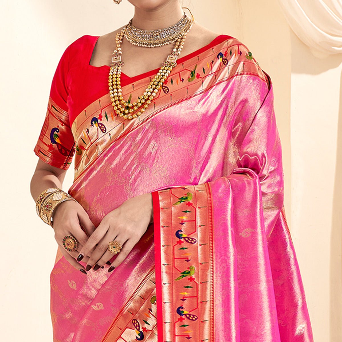 Pink Woven Tissue Paithani Saree With Tassels - Image 3