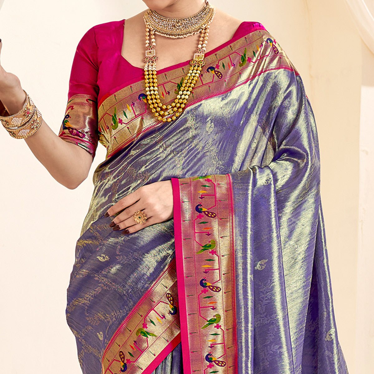 Blue Woven Tissue Paithani Saree With Tassels - Image 3