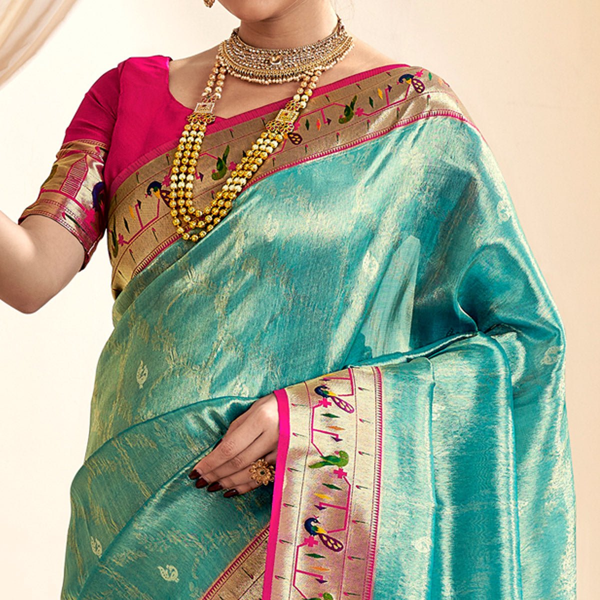 Turquoise Woven Tissue Paithani Saree With Tassels - Image 3