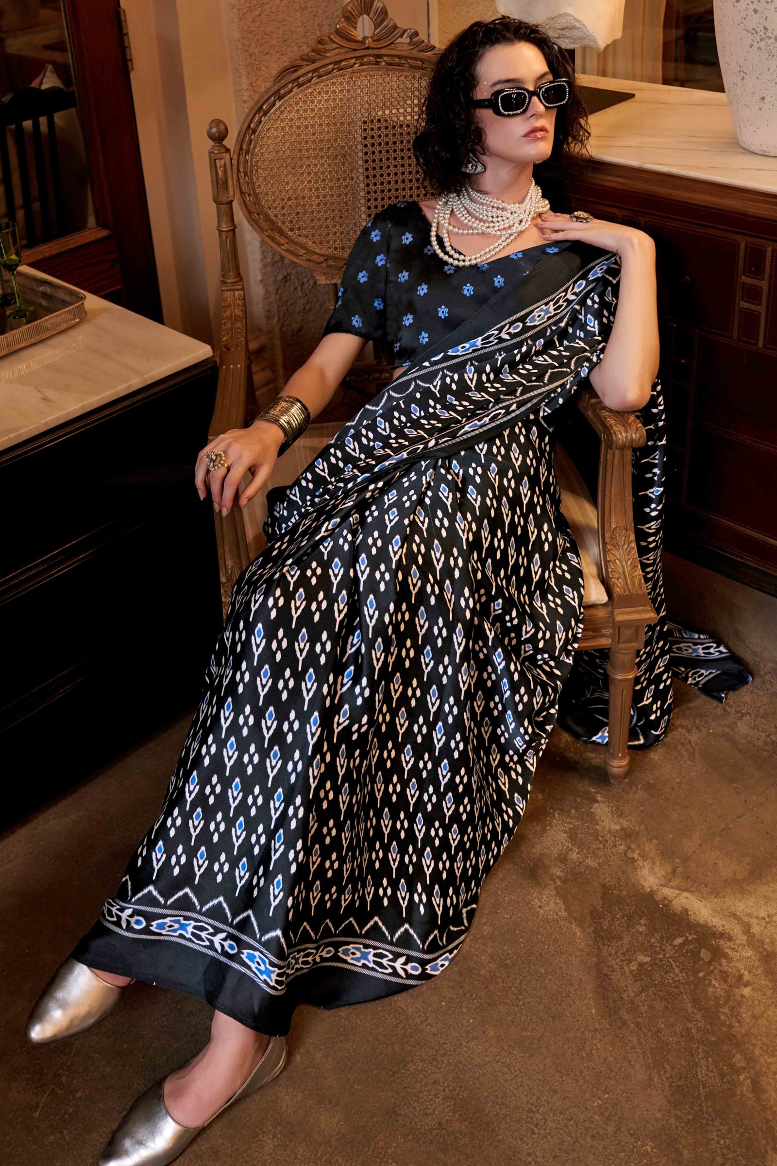 Black Patola Printed Satin Crepe Saree - Image 3