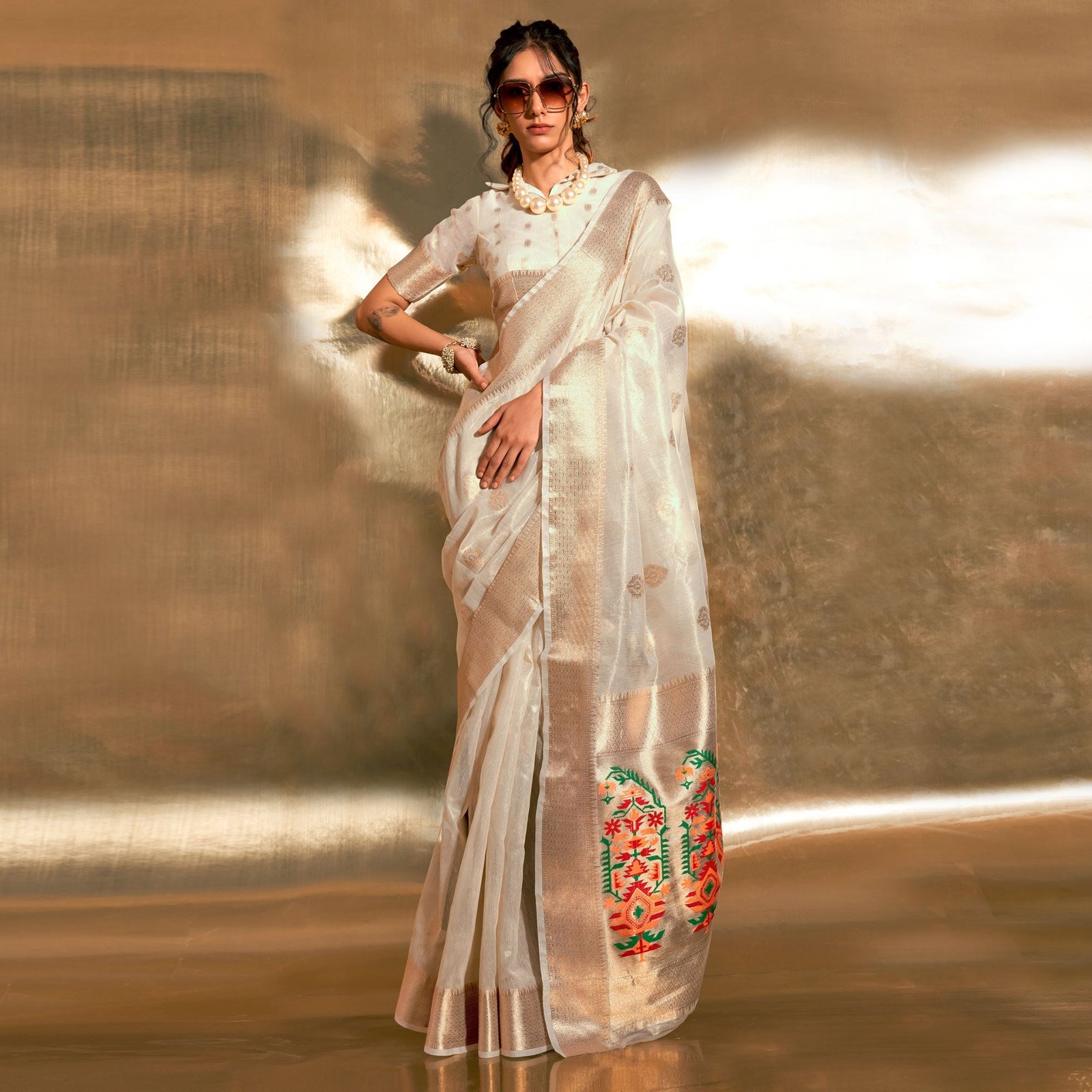 Off White Woven Tissue Paithani Saree - Image 3