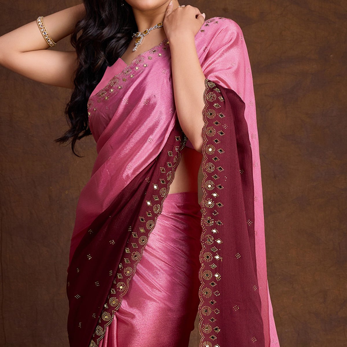 Rose Pink Ombre Chinon Saree With Mirror Border - Image 3