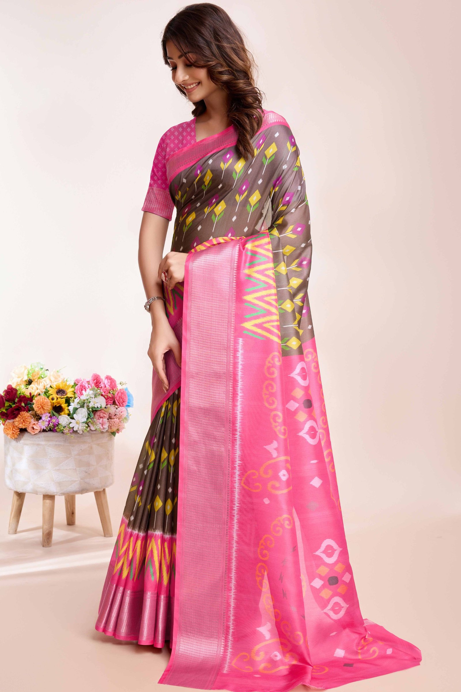 Brown Patola Printed Dola Silk Saree - Image 3