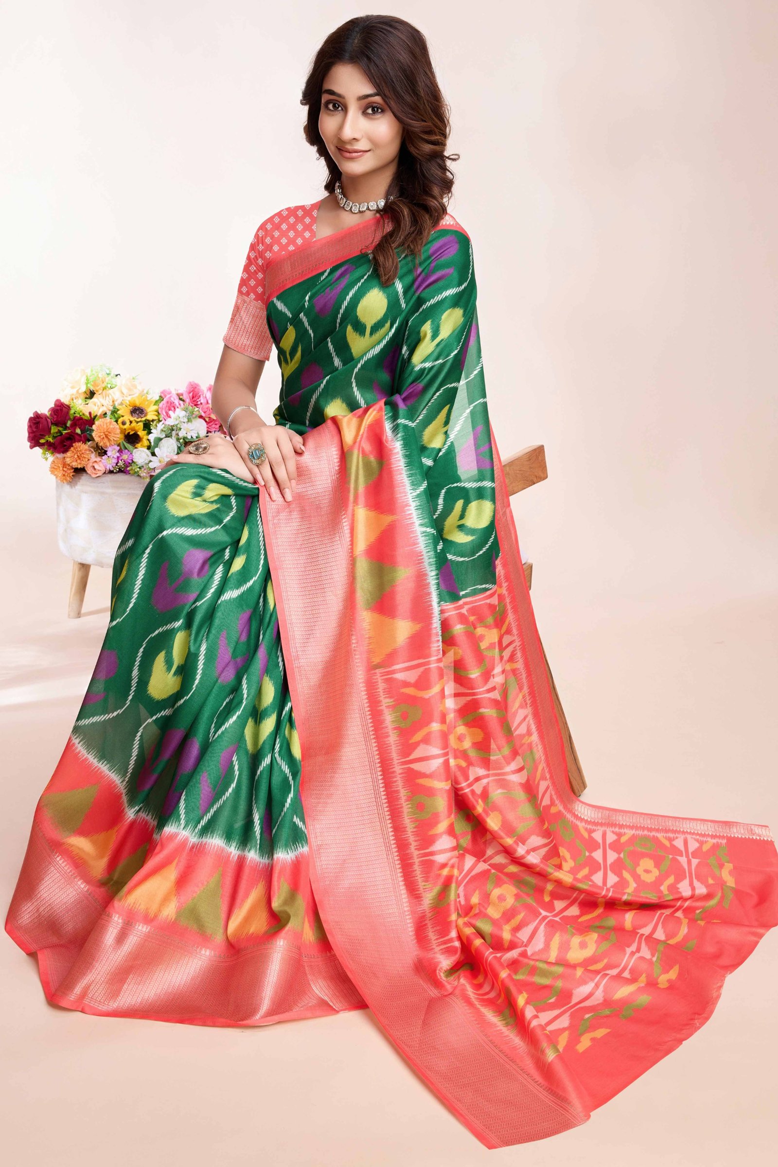 Green Patola Printed Dola Silk Saree - Image 3