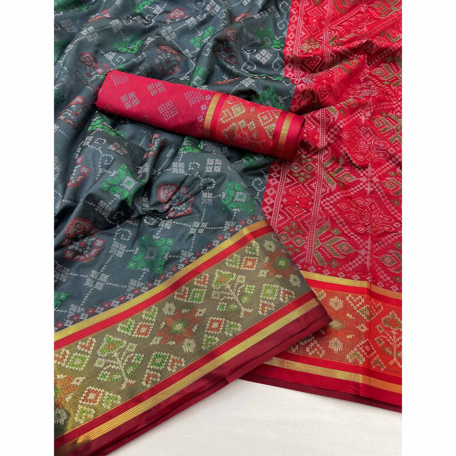 Grey Woven Art Silk Patola Saree - Image 3