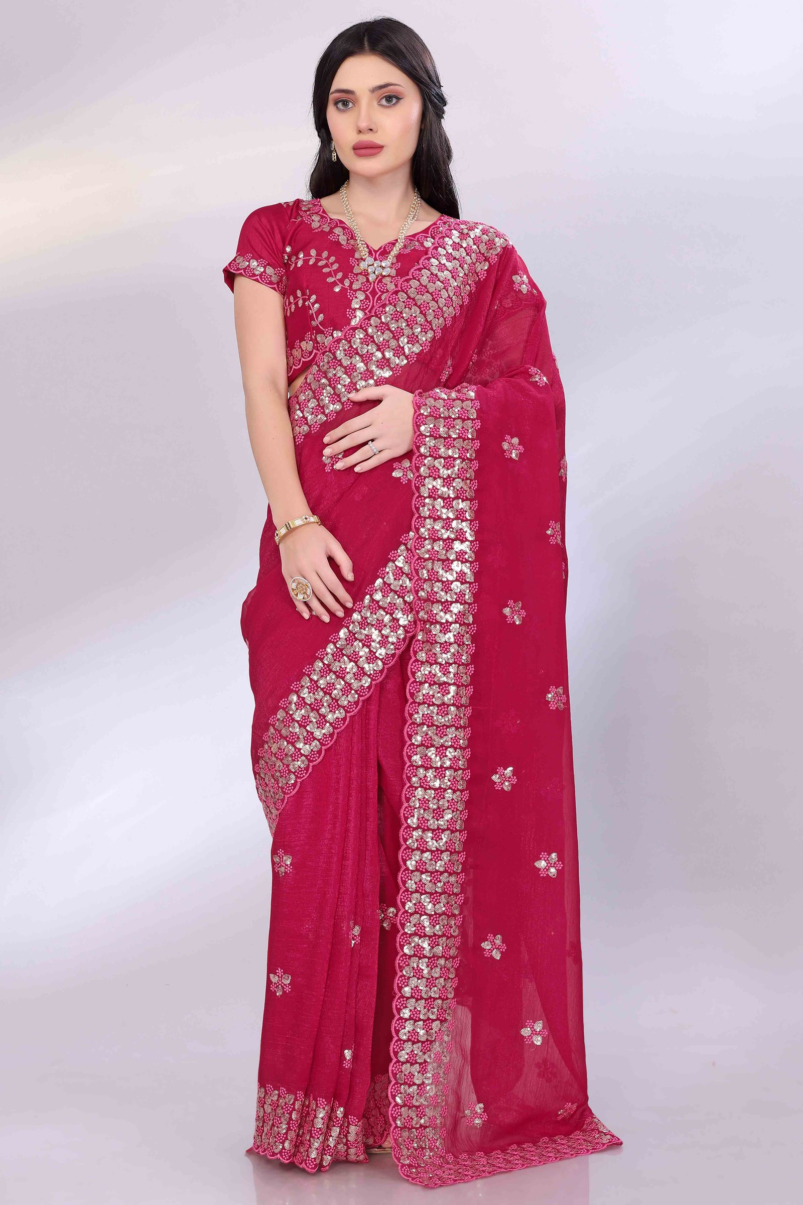 Rani Pink Crunchy Organza Silk Saree Adorned With Intricate Floral Sequins Embroidery - Image 3