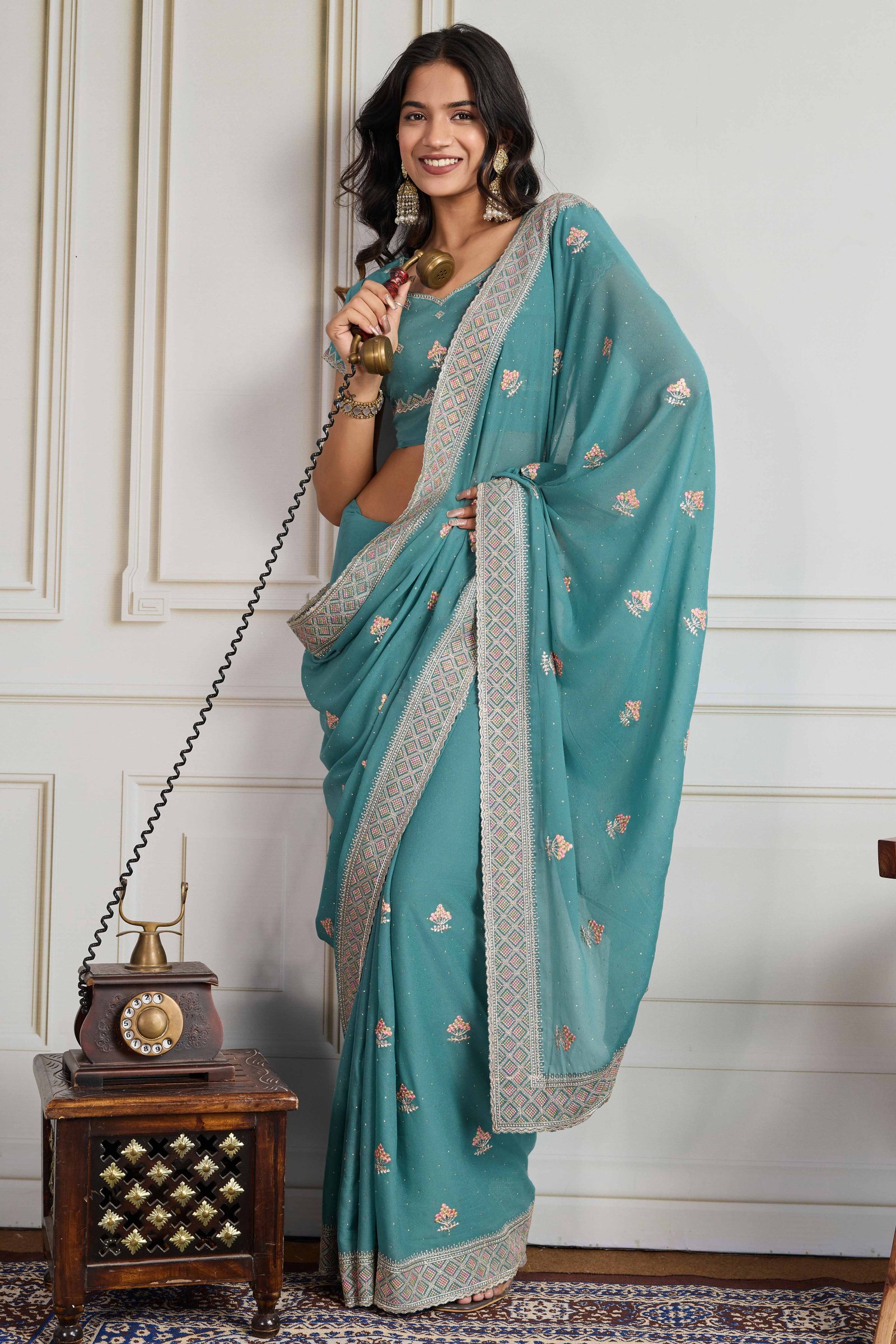 Teal Georgette Saree Featuring Embroidered and Stone Work - Image 3