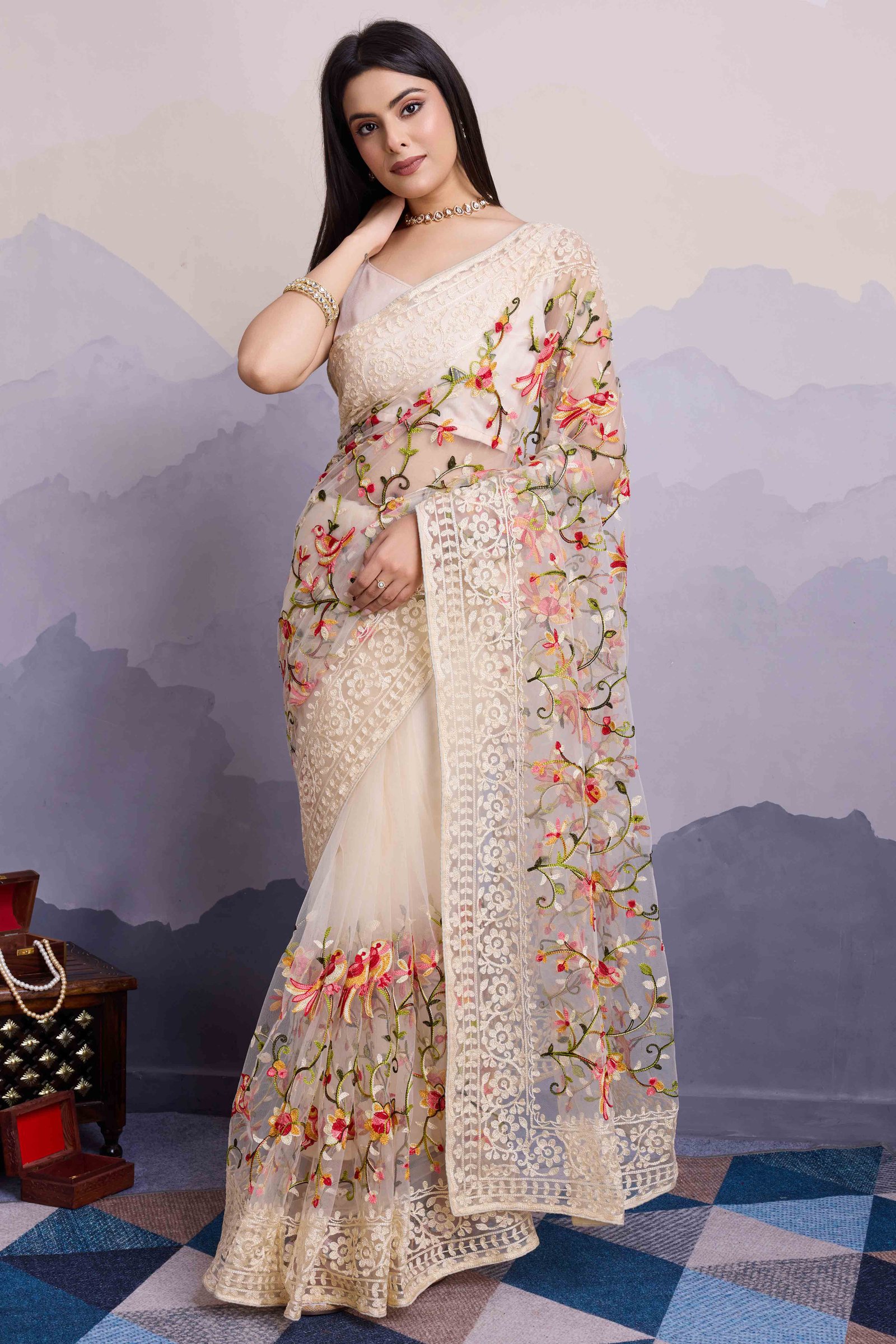 Off White Floral Embroidered Net Saree - Image 3