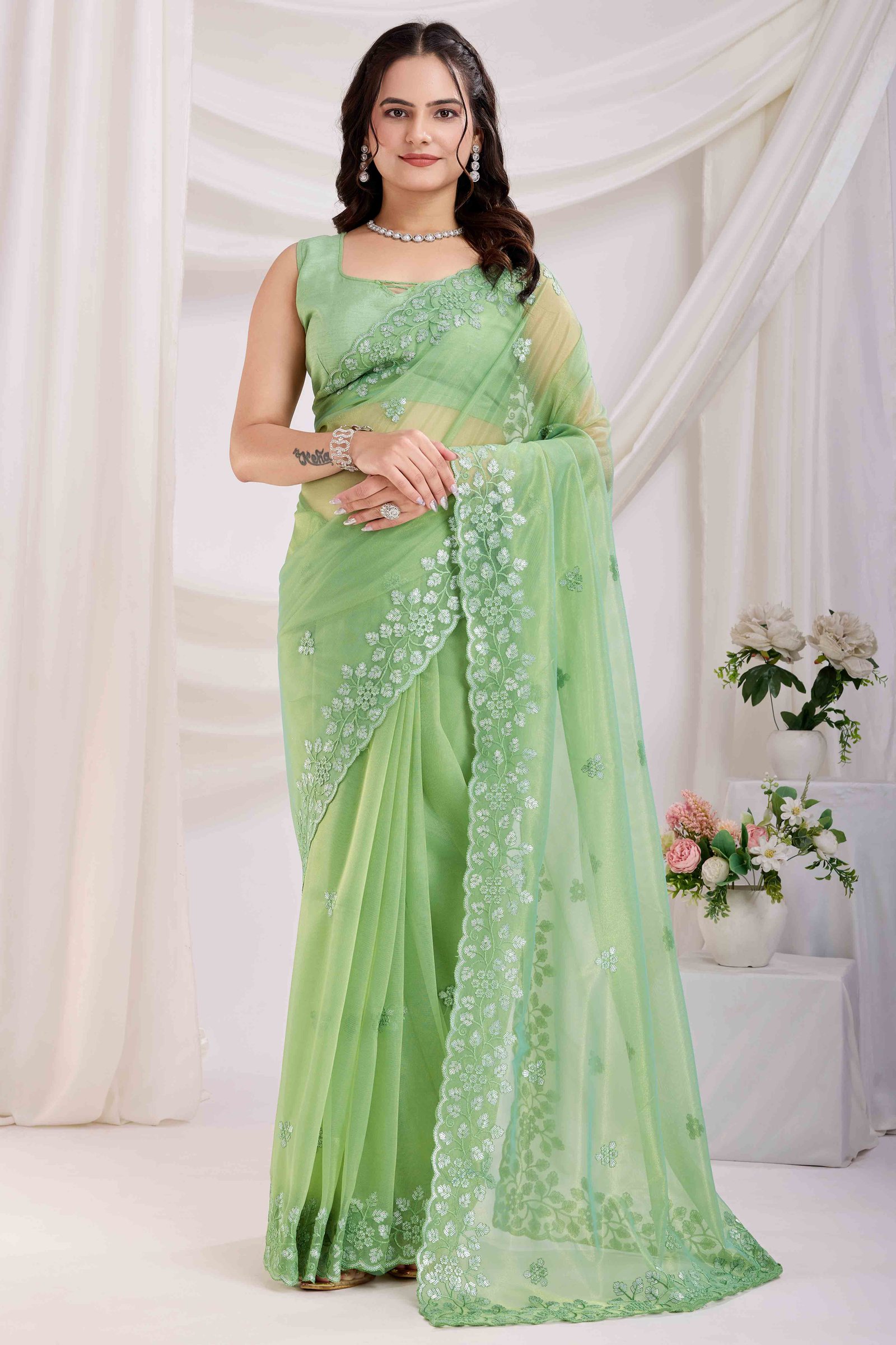 Green Floral Sequins Embroidered Twill Net Saree - Image 3
