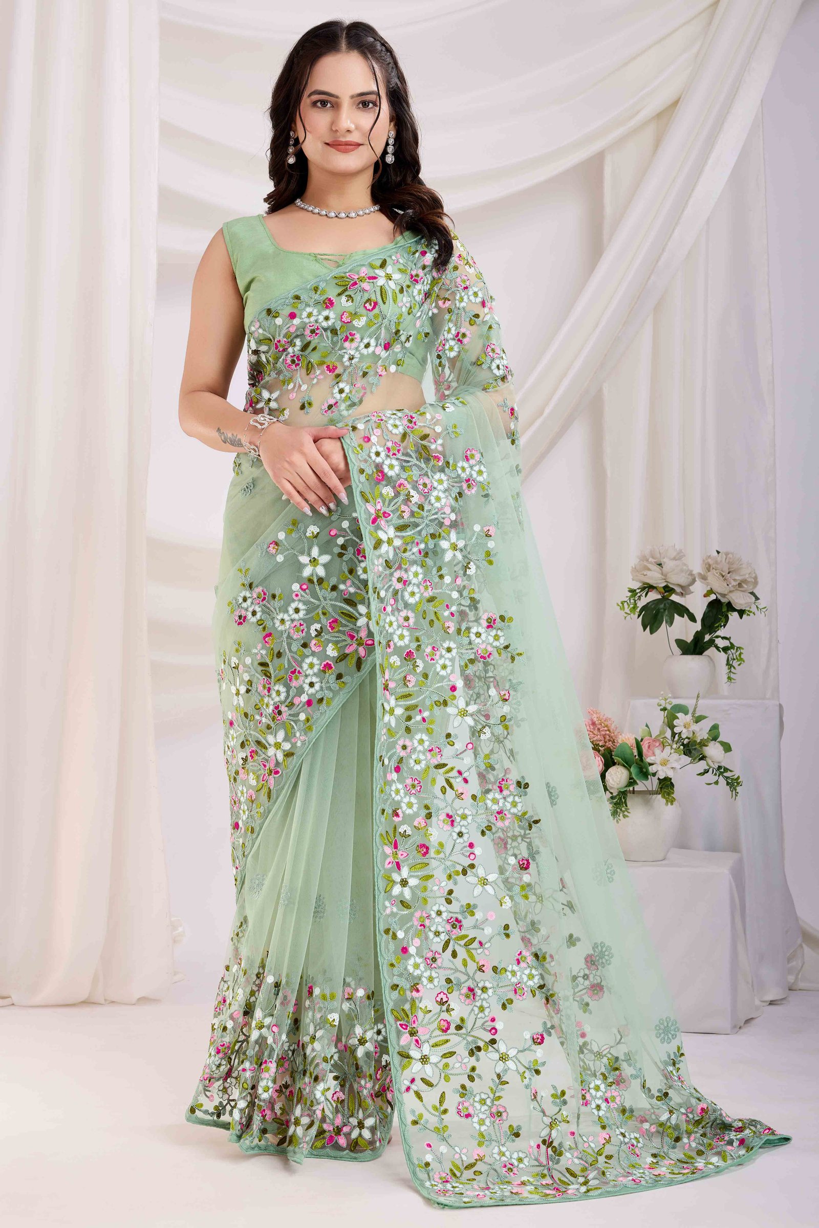 Green Floral Embroidered Net Saree - Image 3