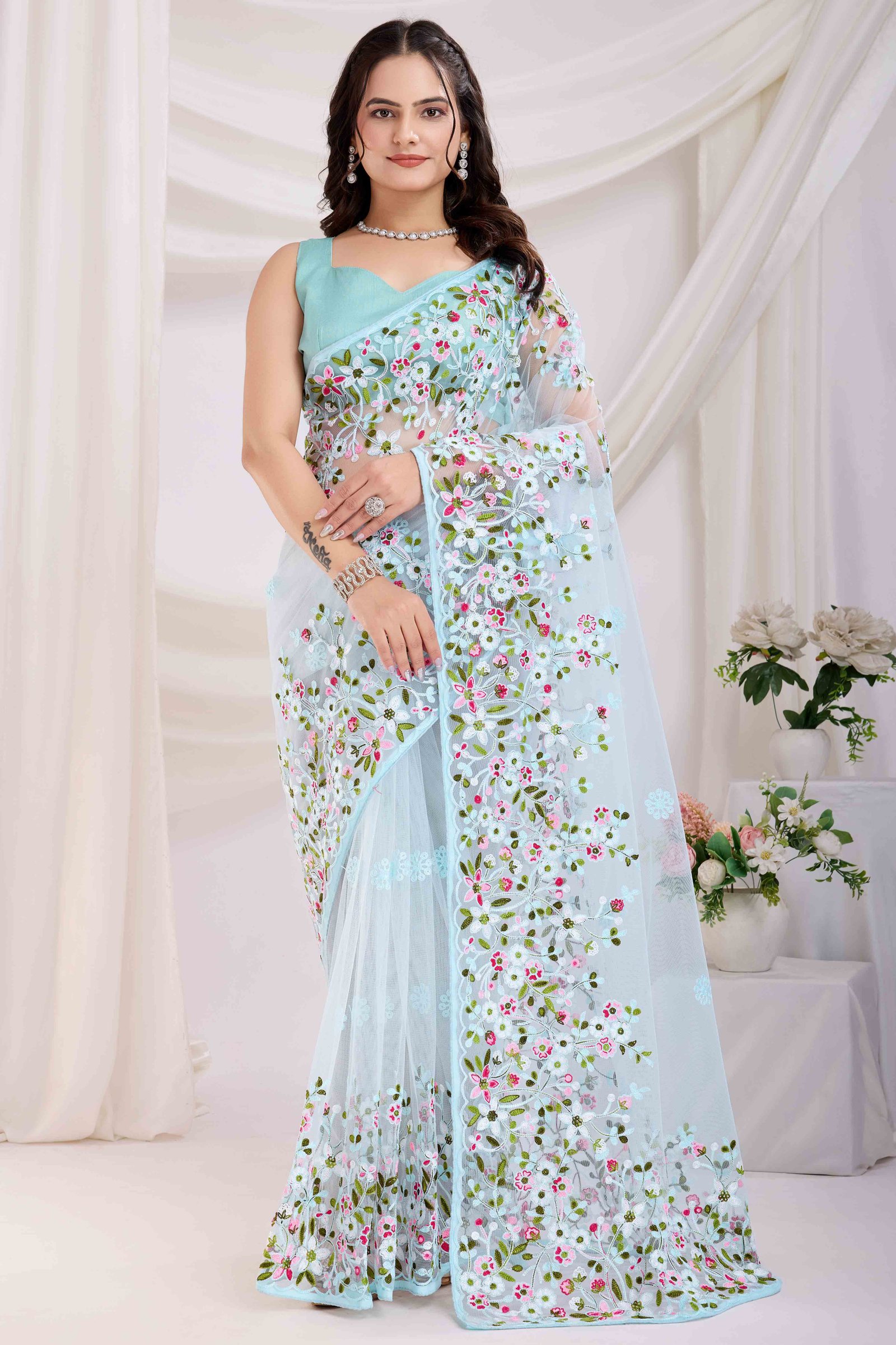 Blue Floral Embroidered Net Saree - Image 3