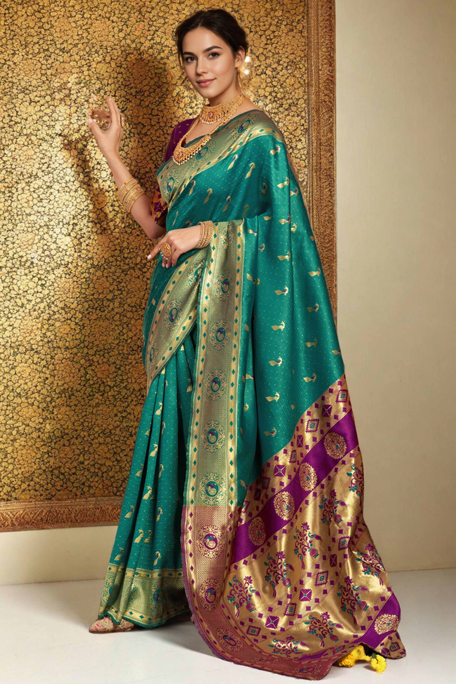 Rama Green Paithani Silk Blend Saree Featuring Intricate Zari Peacock & Floral Weaving - Image 4